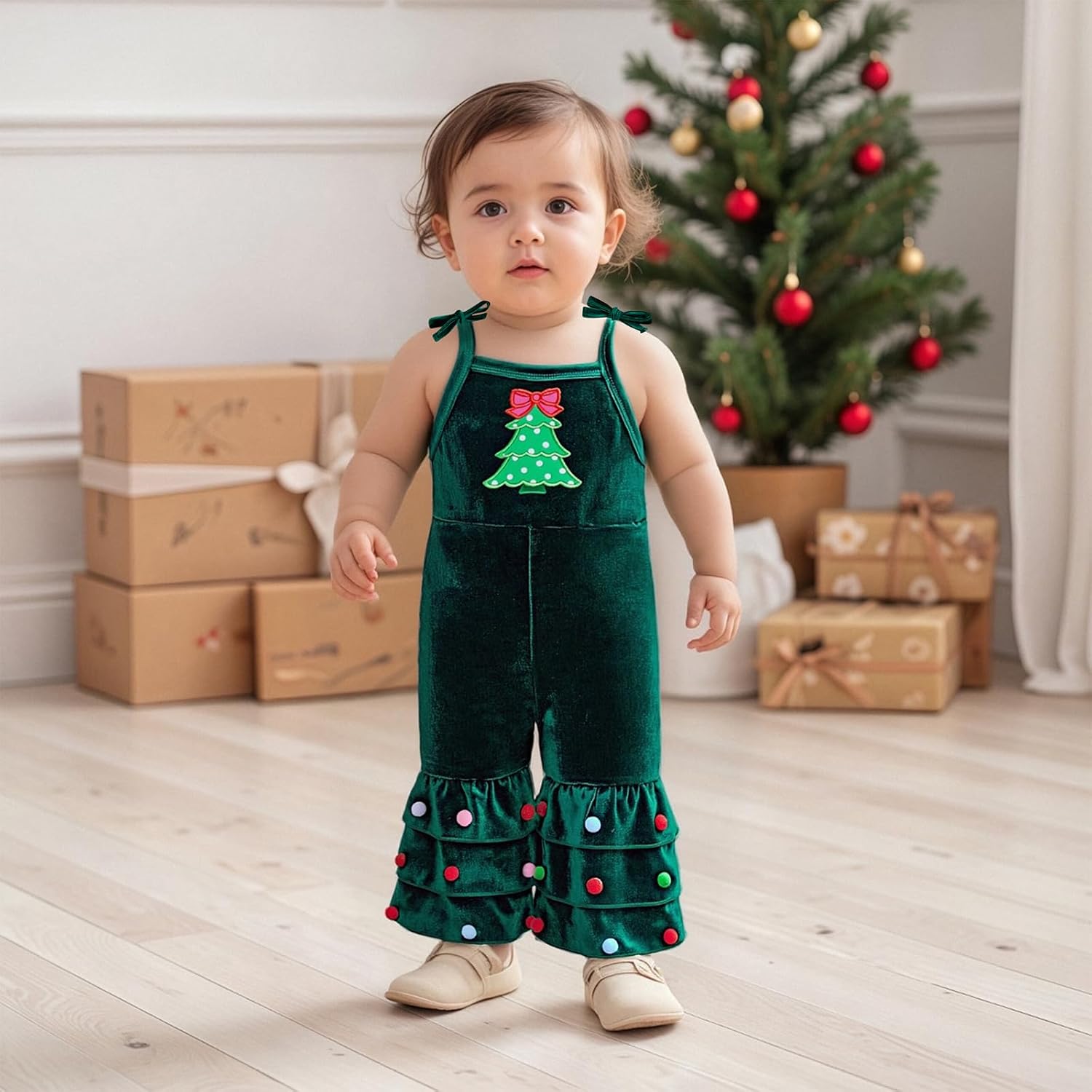 Christmas Baby Girl Outfit Christmas Tree Sleeveless Velvet Romper Jumpsuit Bell Bottom Pants Toddler Fall Clothes