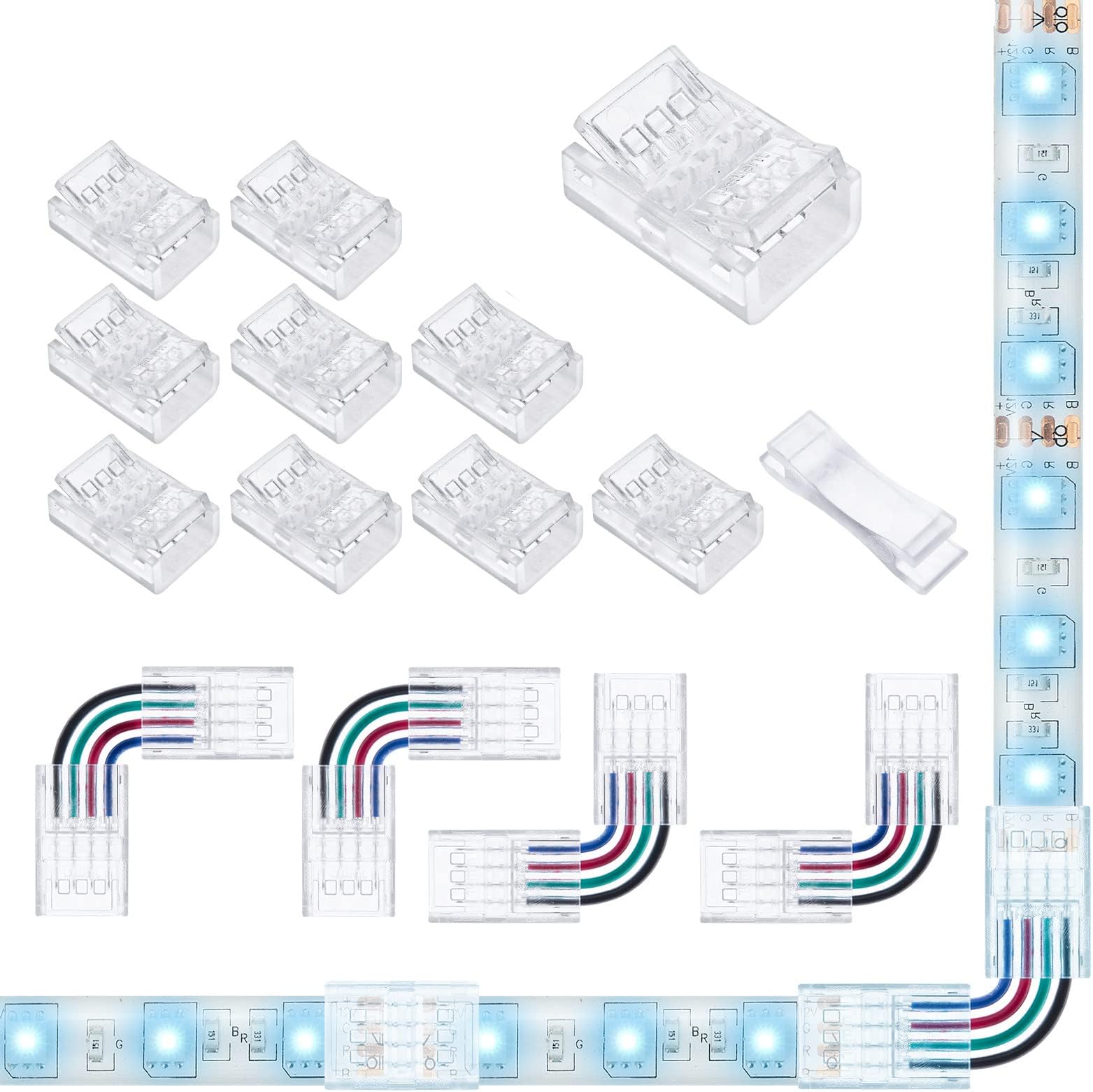Solderless Led Light Connectors 4 pin 10 Pack and Transparent L Shape Track Lighting Connectors 4 PCS for 10mm Wide 4-Pin 3528 5050 RGB LED Strip Lights