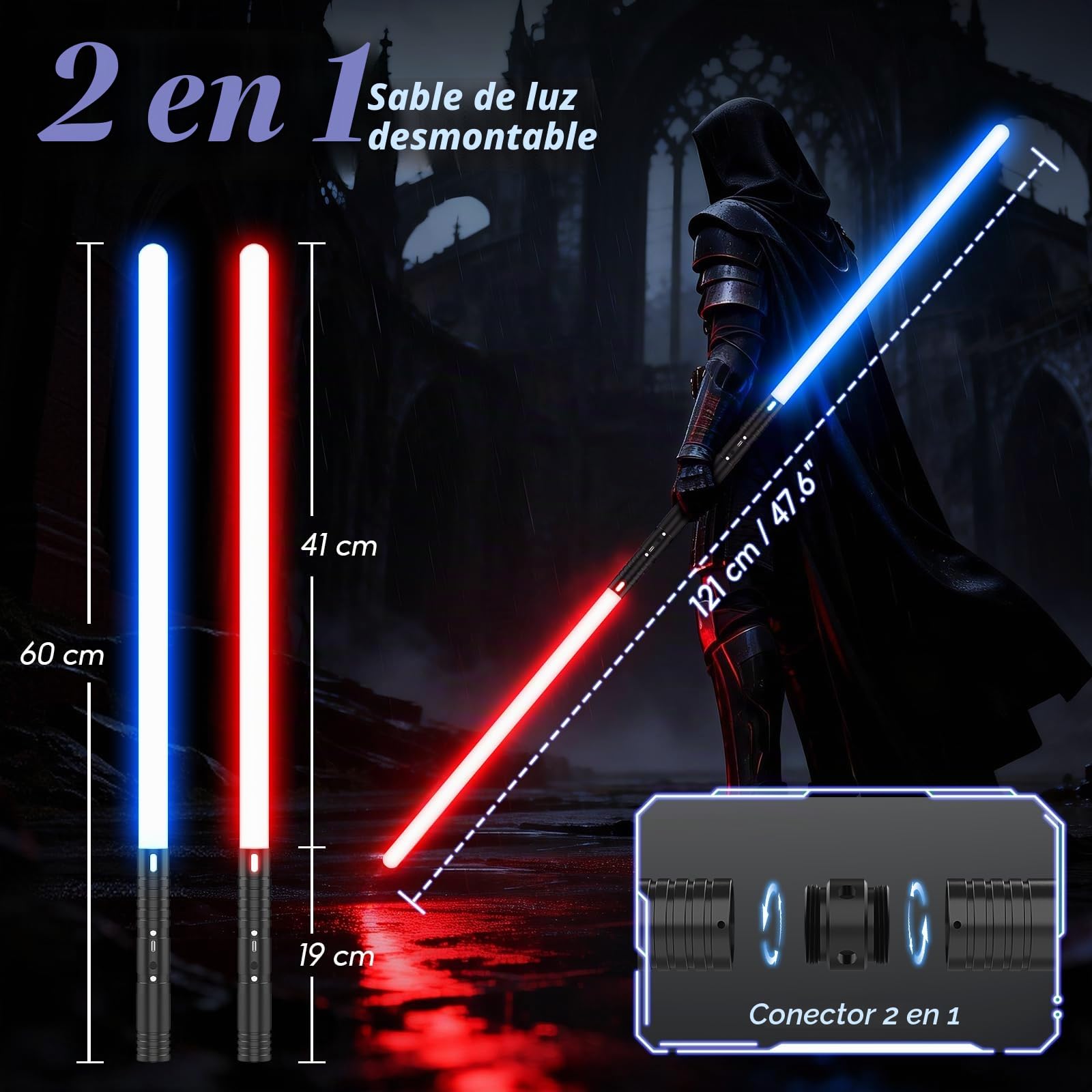 Sable de Luz, 2 En 1 Espada Laser 15 Colores, Espada Láser Recargable con Sonido, Juguetes para Niños y Adultos Halloween Cosplay Guerra de Las Galaxias(60CM 2PC)