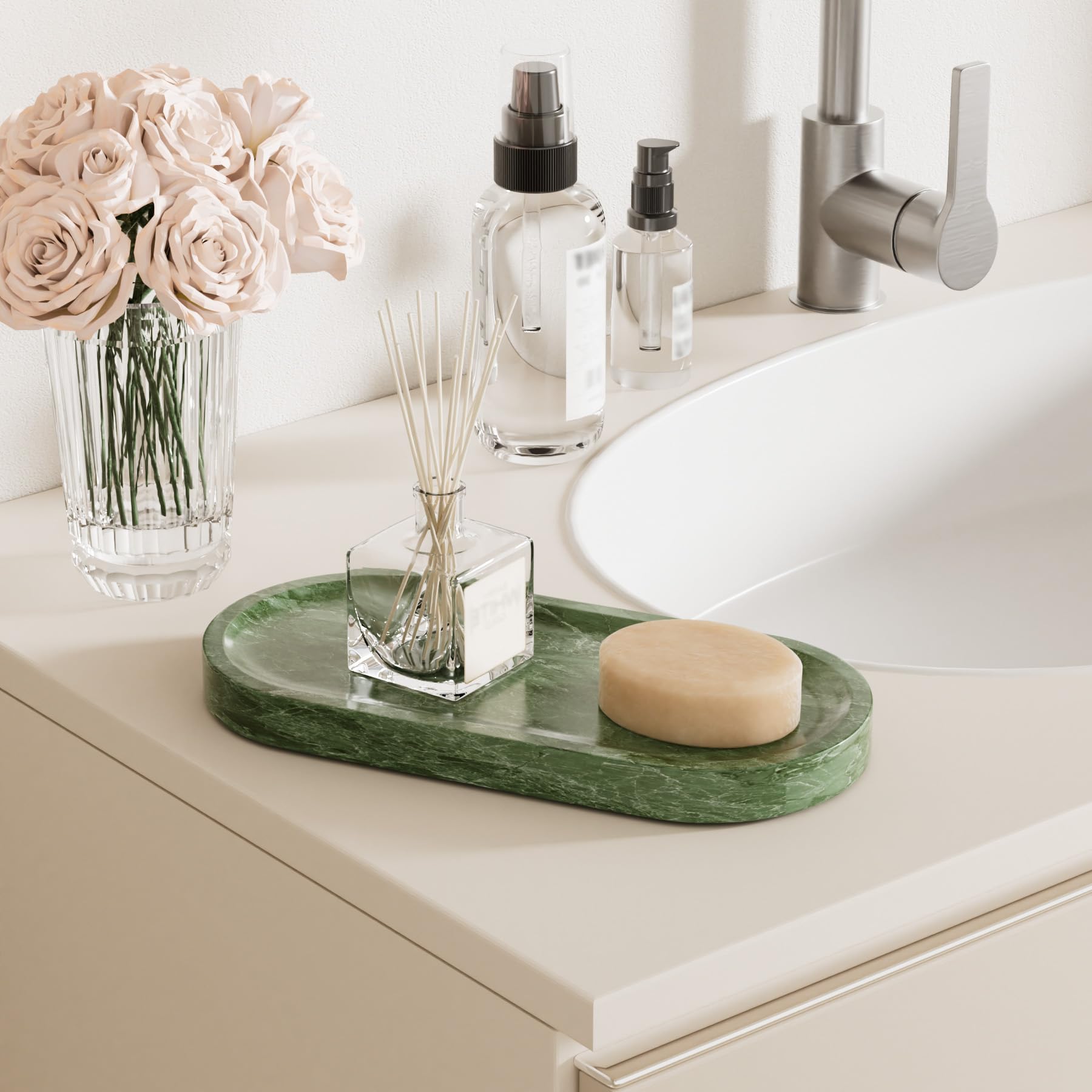 Bandejas para Cosméticos de Mármol Natural,25x12x1.8cm,Verde | Bandejas Decorativas con Almohadilla Antideslizante,Bandeja Organizadora para tocador con Texturas únicas,para Perfumes,Jabón