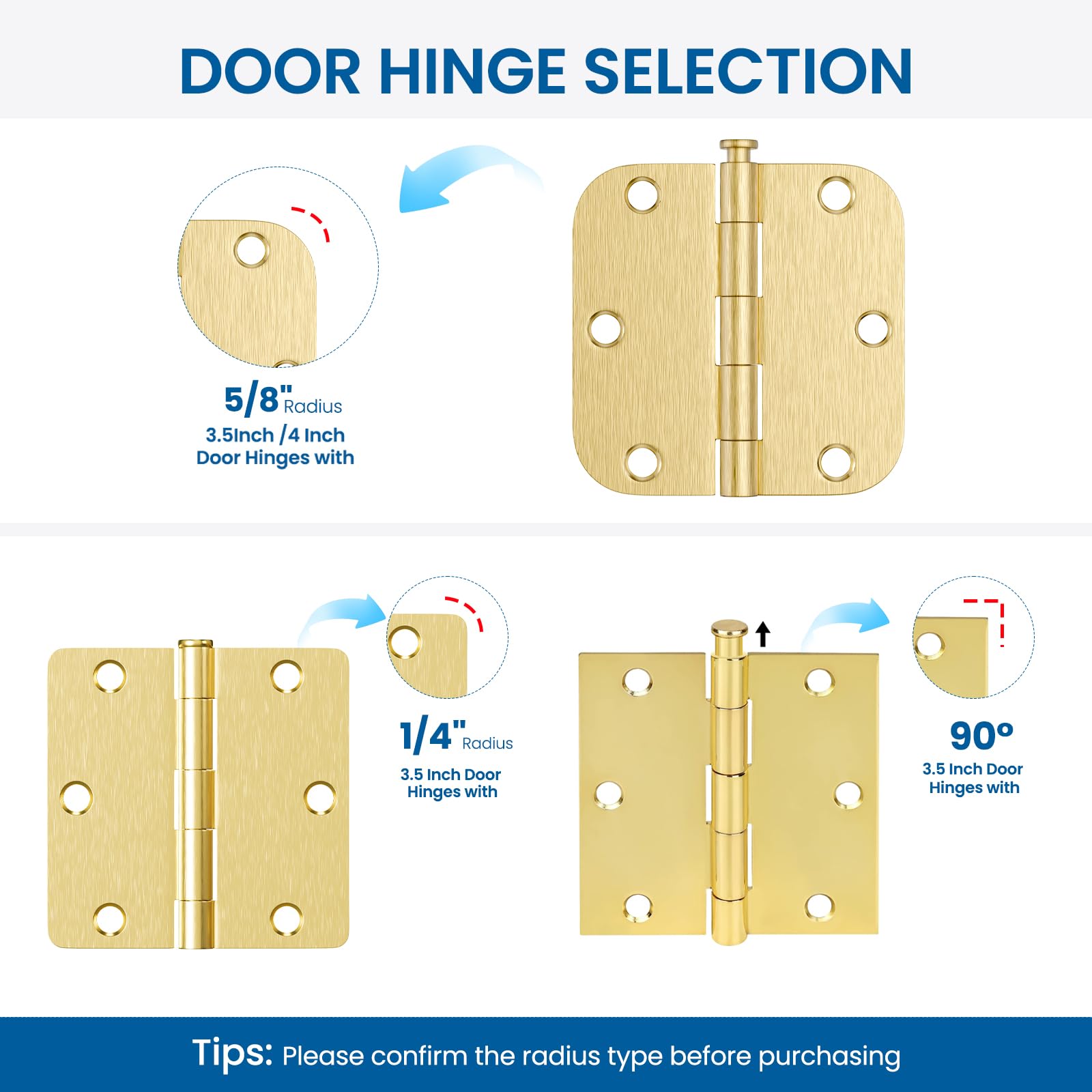 HOSOM Cerniere per porta in ottone spazzolato, 8,9 cm, con angoli arrotondati da 1,5 cm, cerniere per porte interne da 8,8 cm, per porta resistente, confezione da 18