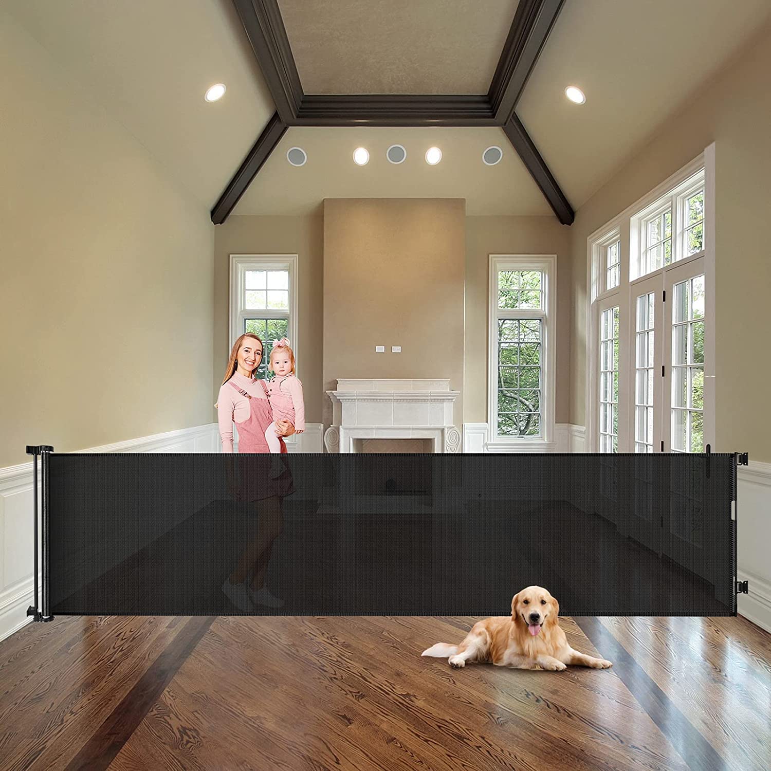 BeauentyRetractable Baby Gate, Beauenty Mesh Safety Gate for Babies and Pets, Extra Wide Safety Baby Gate 34" Tall & 118" Wide(Need to Punch), Pet Dog Gate for Stairs, Indoor/Outdoor (Black)