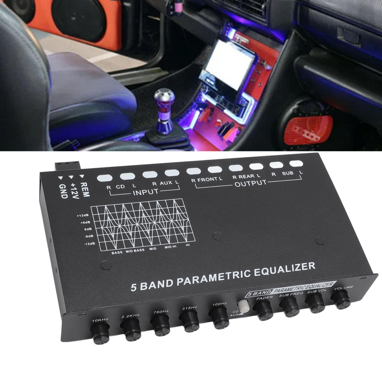 5 Band Car Audio Equalizer, Adjustable 5 Bands EQ Car Amplifier Graphic Equalizer with CD/AUX Input Switch, Front Rear Sub Output for Boat RV RTV Motorcycle