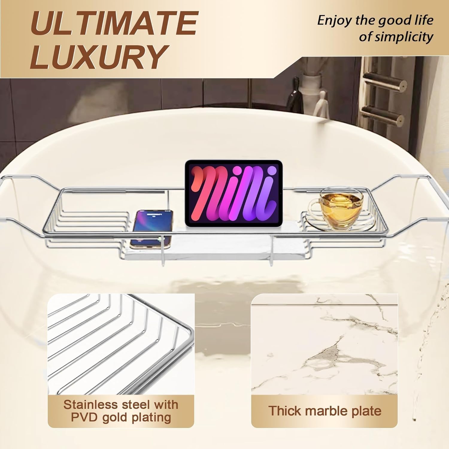 Bandeja de Bañera Extensible de Acero Inoxidable Dorado con Mármol Blanco | Estante Ajustable, Soporte Telescópico Multifuncional Organizador Antióxido(Silver+White)
