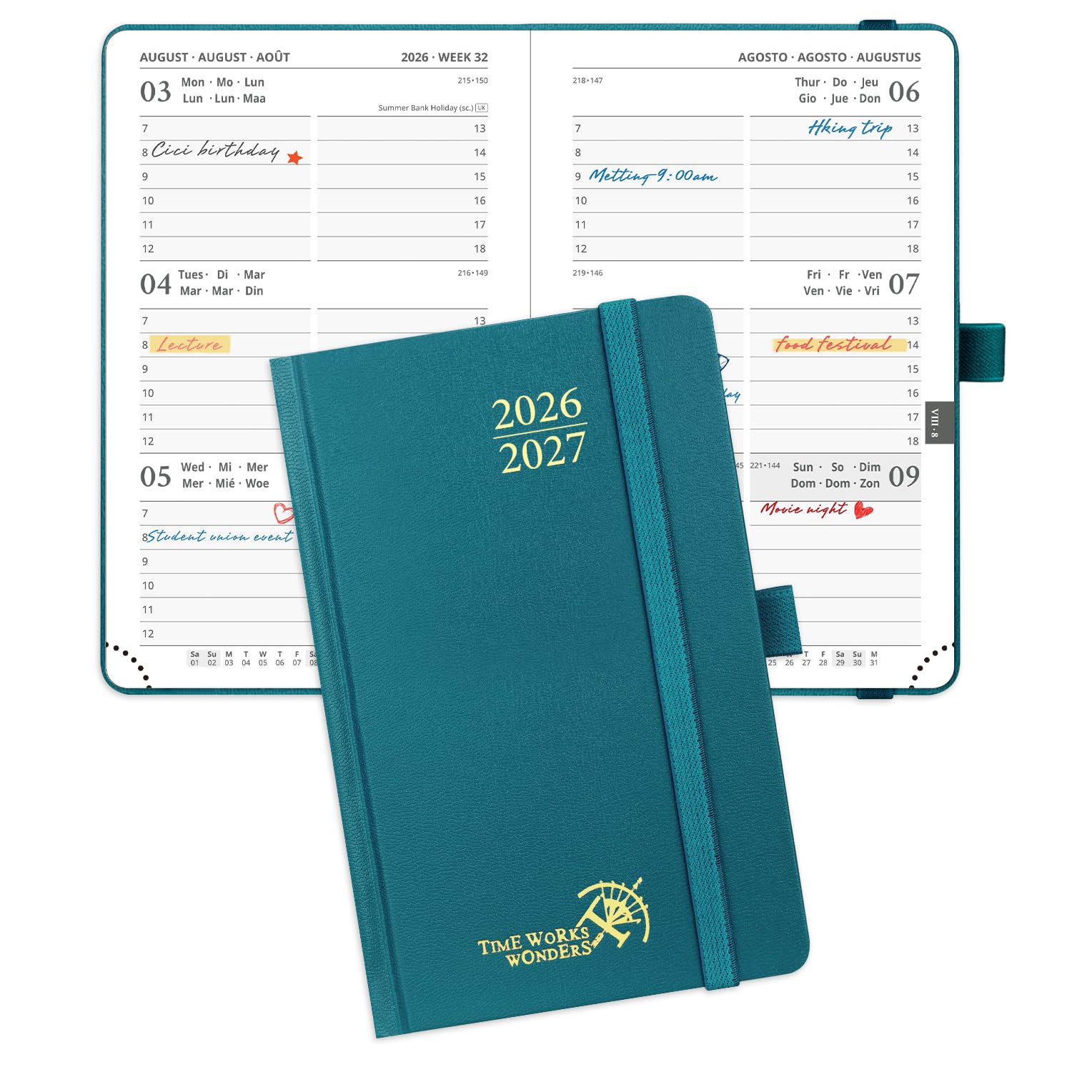 POPRUN Pocket Academic Diary 2026-2027 Small Hardback A6 (16x10.5 cm) Week to View 17 Months (Aug'26 - Dec'27),Mid Year Weekly Planner, Inner Pocket(Pacific Green)