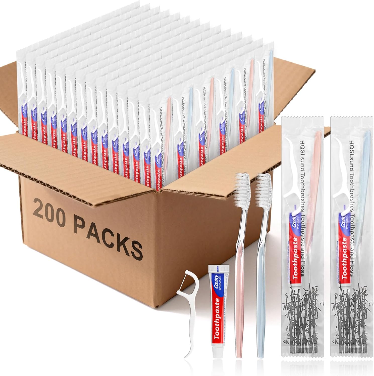 200pcs Disposable Toothbrushes with Toothpaste Floss Individually Wrapped, 2 Color Disposable Toothbrush, 10g Toothpaste, Floss Pick, Bulk Toothbrush Kit for Homeless,Airbnb,Hotel