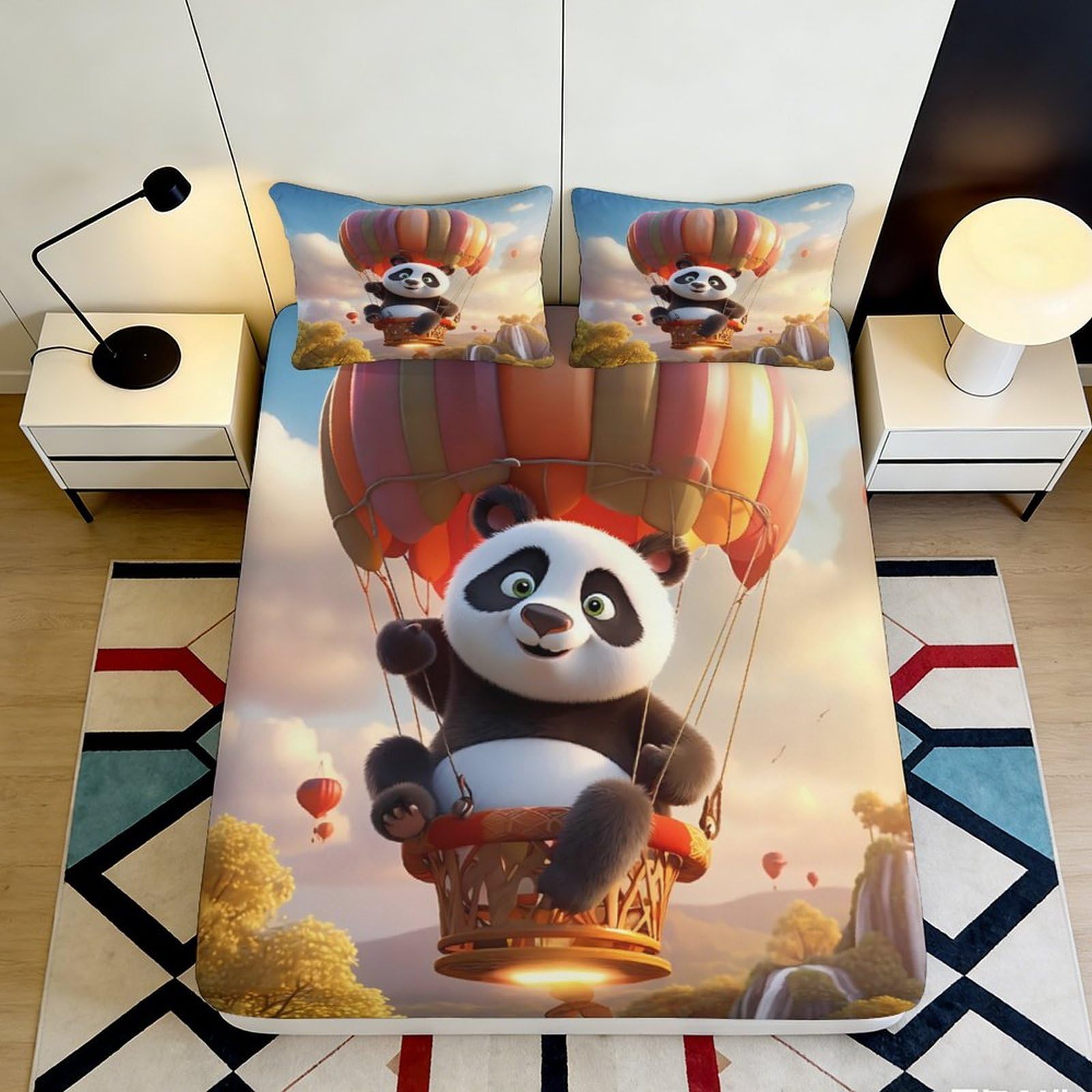 3D Printed Panda Hot Air Balloon Fitted Sheet Microfiber Non-Slip Mattress Cover Bedroom Dorm Decor Easy Care 140x200x25cm