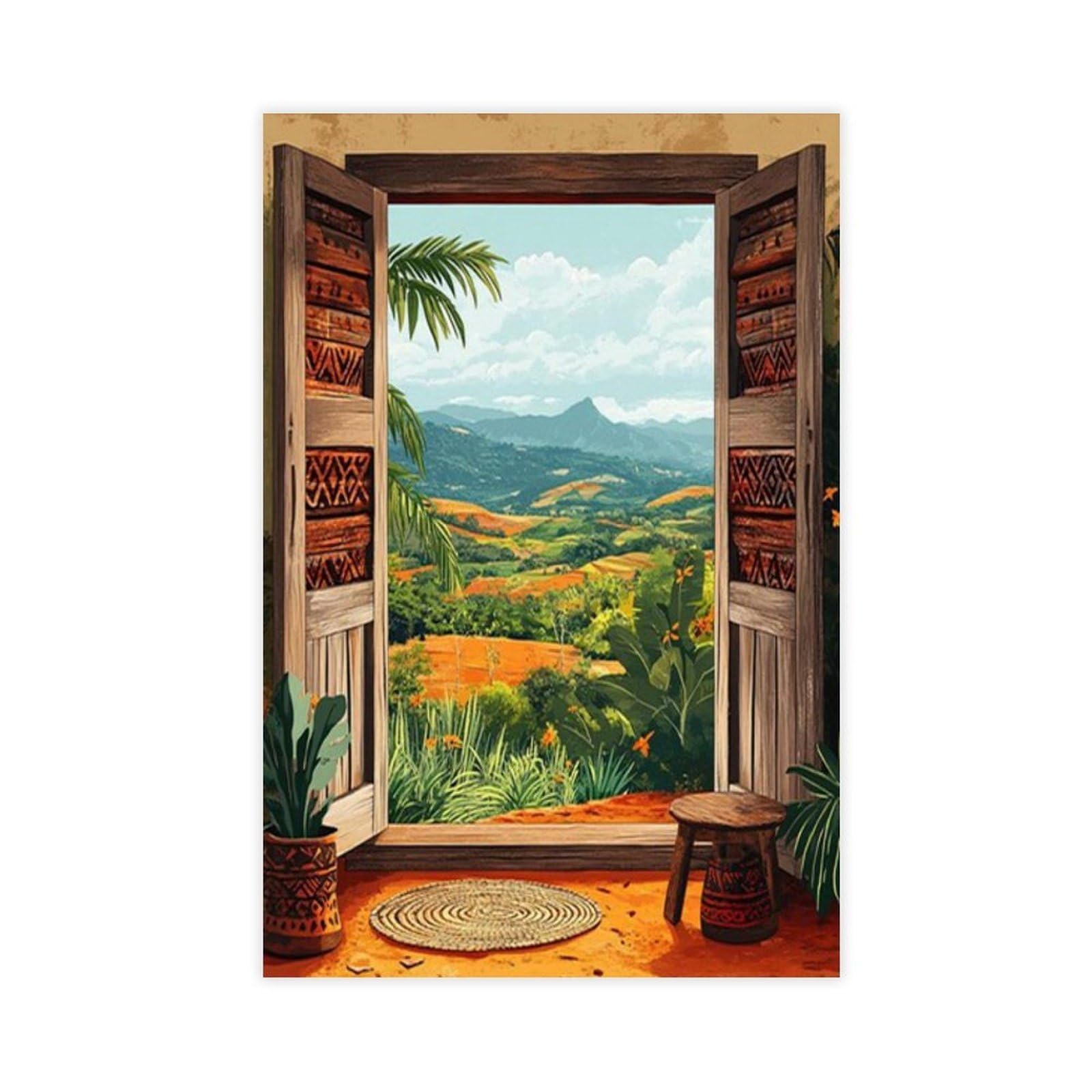 TASJFZS Enugu Wooden Window, Nigerian Igbo Folk Carvings Canvas Poster Bedroom Decor Landscape Office Room Decor Gift 8" L X 12" W