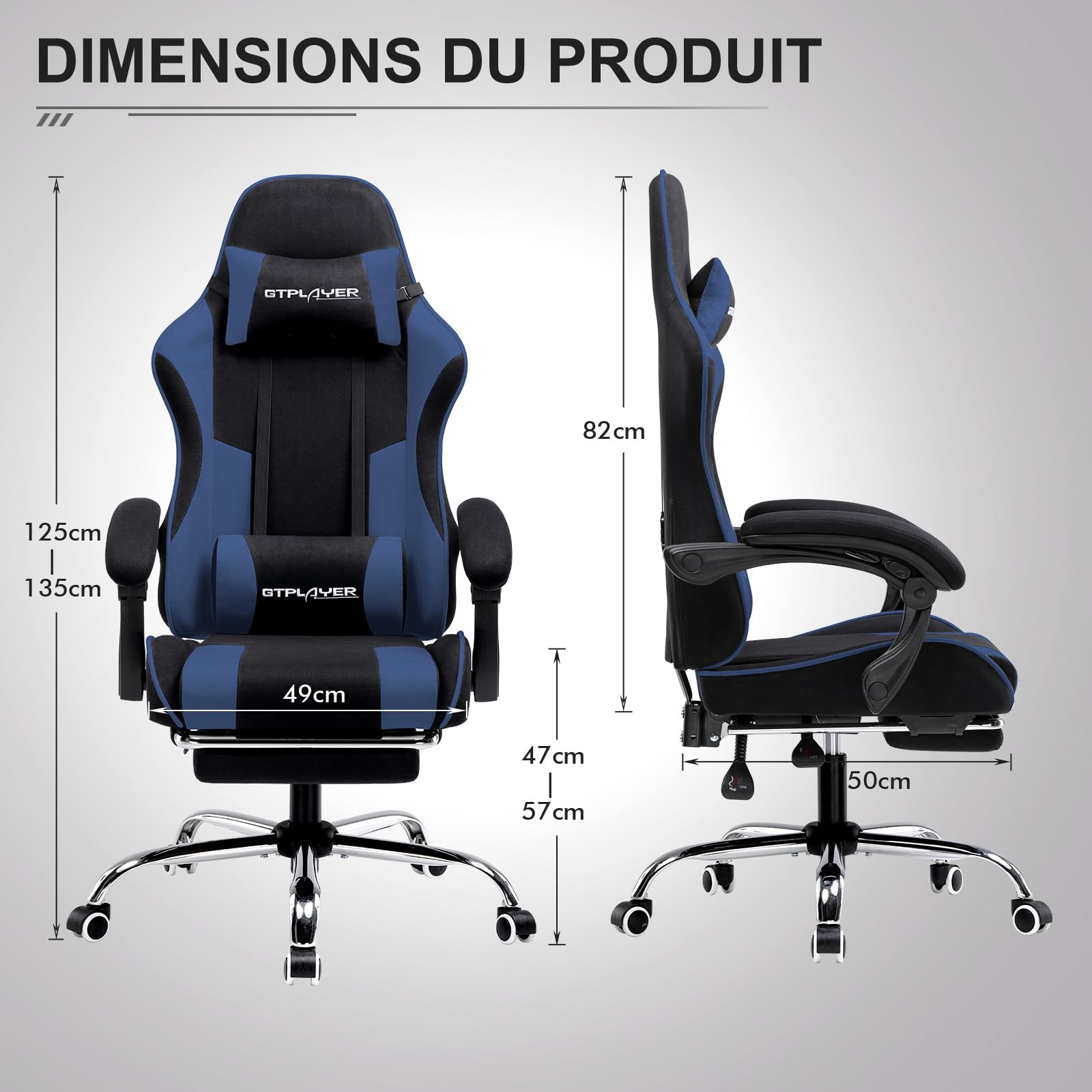 GTPLAYER Sedia da gioco ergonomica, sedia da gioco, sedia da ufficio, sedia da gioco, con schienale regolabile a 135°, altezza regolabile, seduta in tessuto blu
