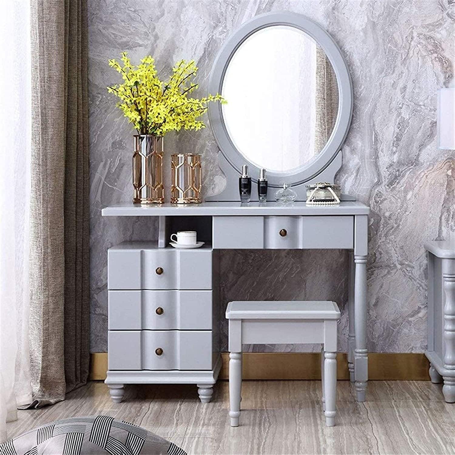 Solid Wood Vanity Benches Set Makeup Vanity Desk with Oval-Mirrors 4 Drawers Vanity Set with Stool for Bathroom Bedroom Girls Vanity for Gift