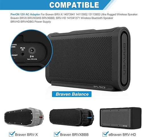 Miniatura 3 de PwrON Adaptador de CA de 12 V para Braven BRV-X 14073941 14113952 13113902 Altavoz inalámbrico ultra resistente Braven BRVX BRVXGWB BRVXBBB BRV-HD