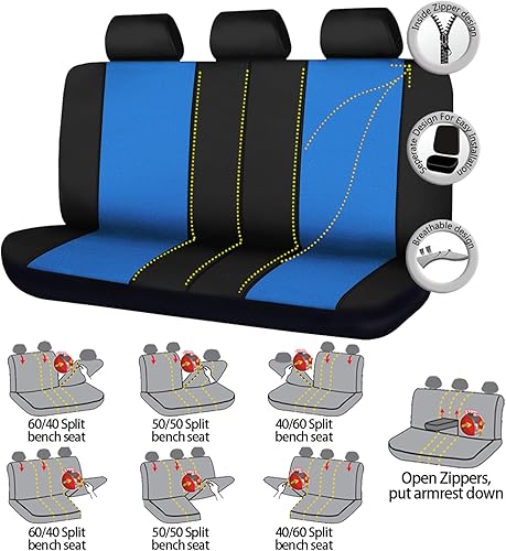 Miniatura 2 de Flying Banner Fundas para asiento trasero de coche, protectores de asiento de coche, con división 4060 5050 6040 (negro y azul, valor)