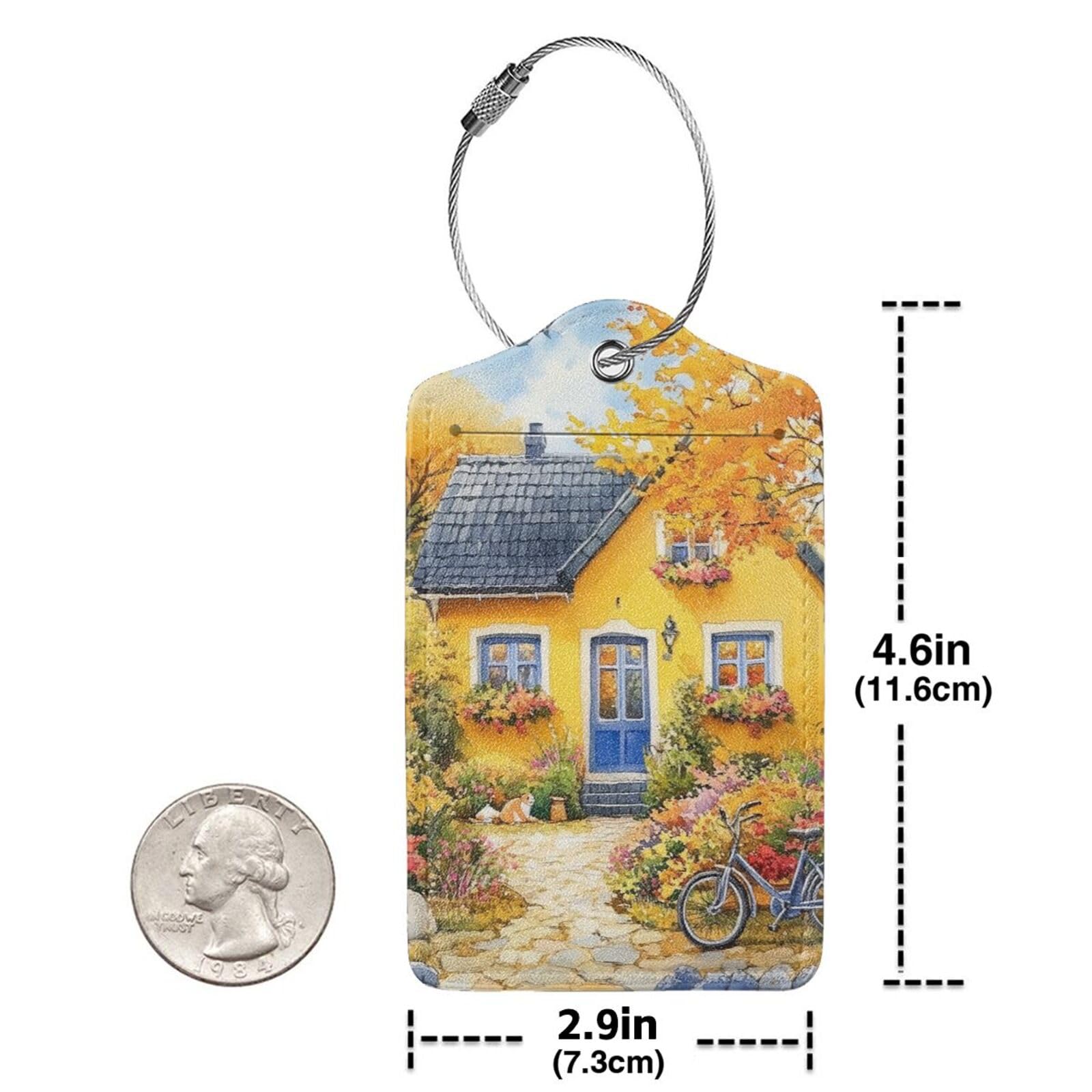4 etichette per bagagli in pelle ecologica in poliuretano, per valigie, alberi di casa autunnali, colore giallo, con anello in acciaio inox, per donne e uomini