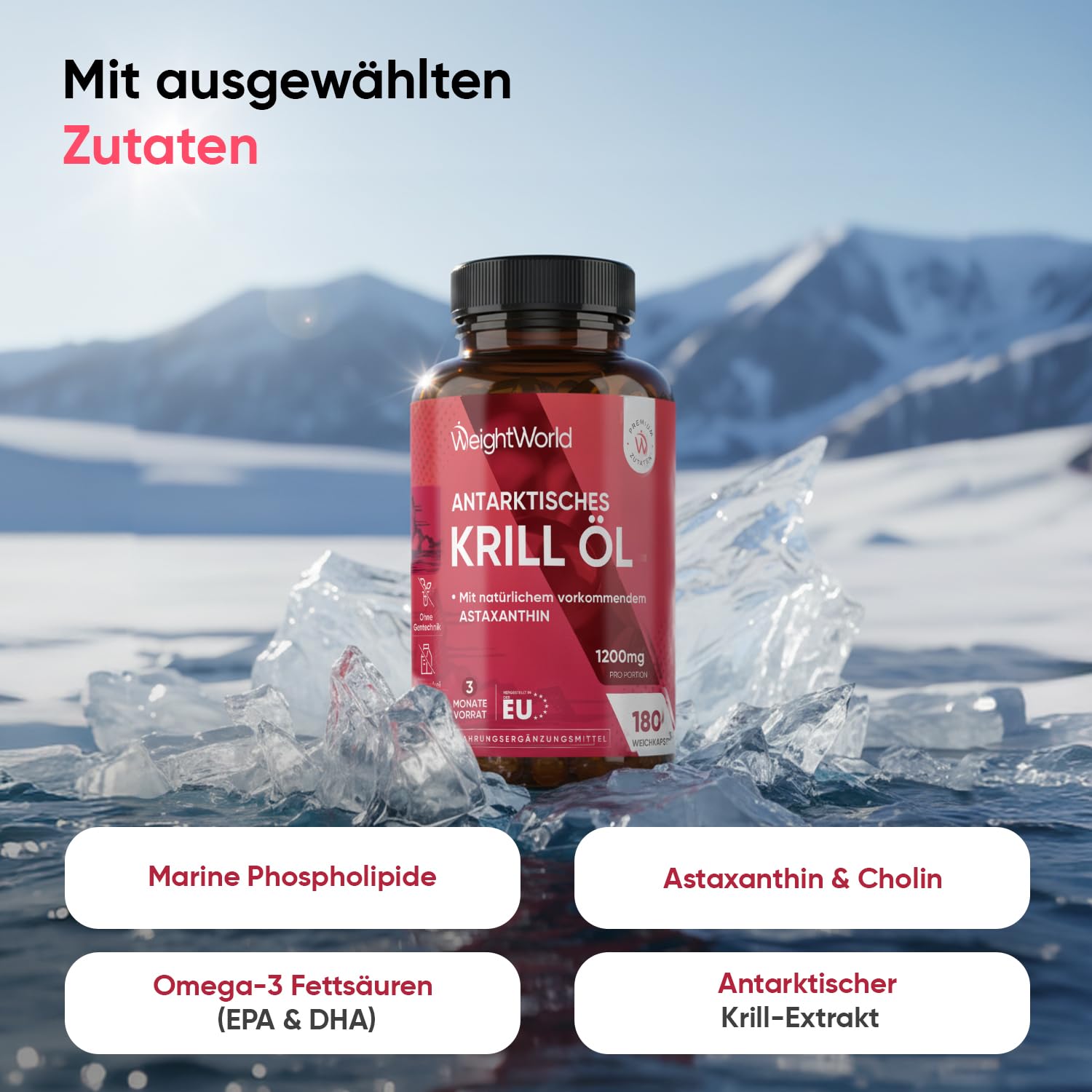 WeightWorld Antarktisches Krillöl Weichkapseln - 1200 mg pro Portion Liefert Omega 3, DHA, EPA, Astaxanthin, Cholin, Marine Phospholipide, 180 Softgels für 3 Monate, Gluten- & laktosefrei