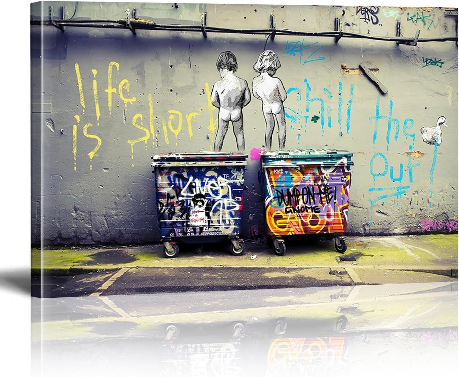 Framed Banksy Canvas Wall Art Life Is Short Pop Street Graffiti Wall Art Decor Cool Poster Paintings Colorful for Men Ready To Hang for Living Room Bedroom Home Bathroom Wall Decor 16x24in life is short chill the duck out 24L" x 16W"
