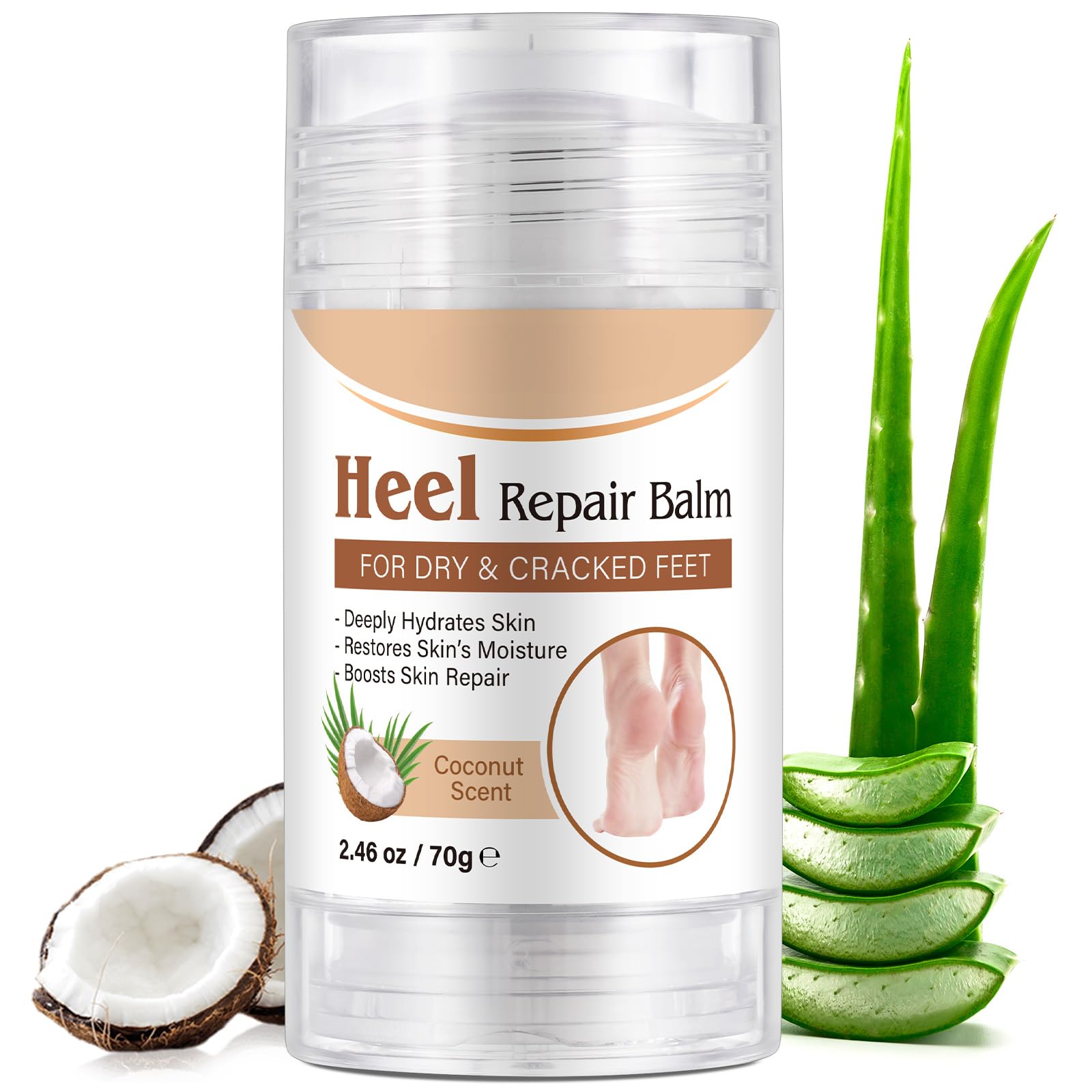 Heel Repair Balm Stick, Cracked & Dry Feet Treatment Moisturizer with Aloe, Coconut Oil, Hyaluronic Acid, Olive Oil, Coconut Scent, 2.46 oz/70 g