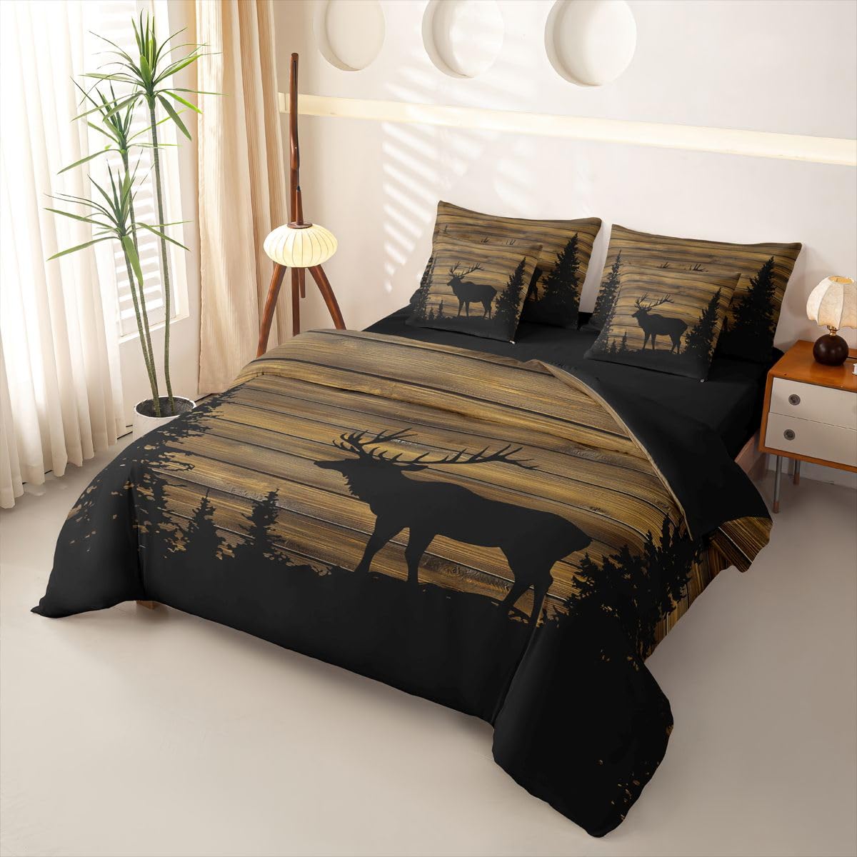 Loussiesd Funda de edredón vintage con ciervos tamaño King, ropa de cama de
