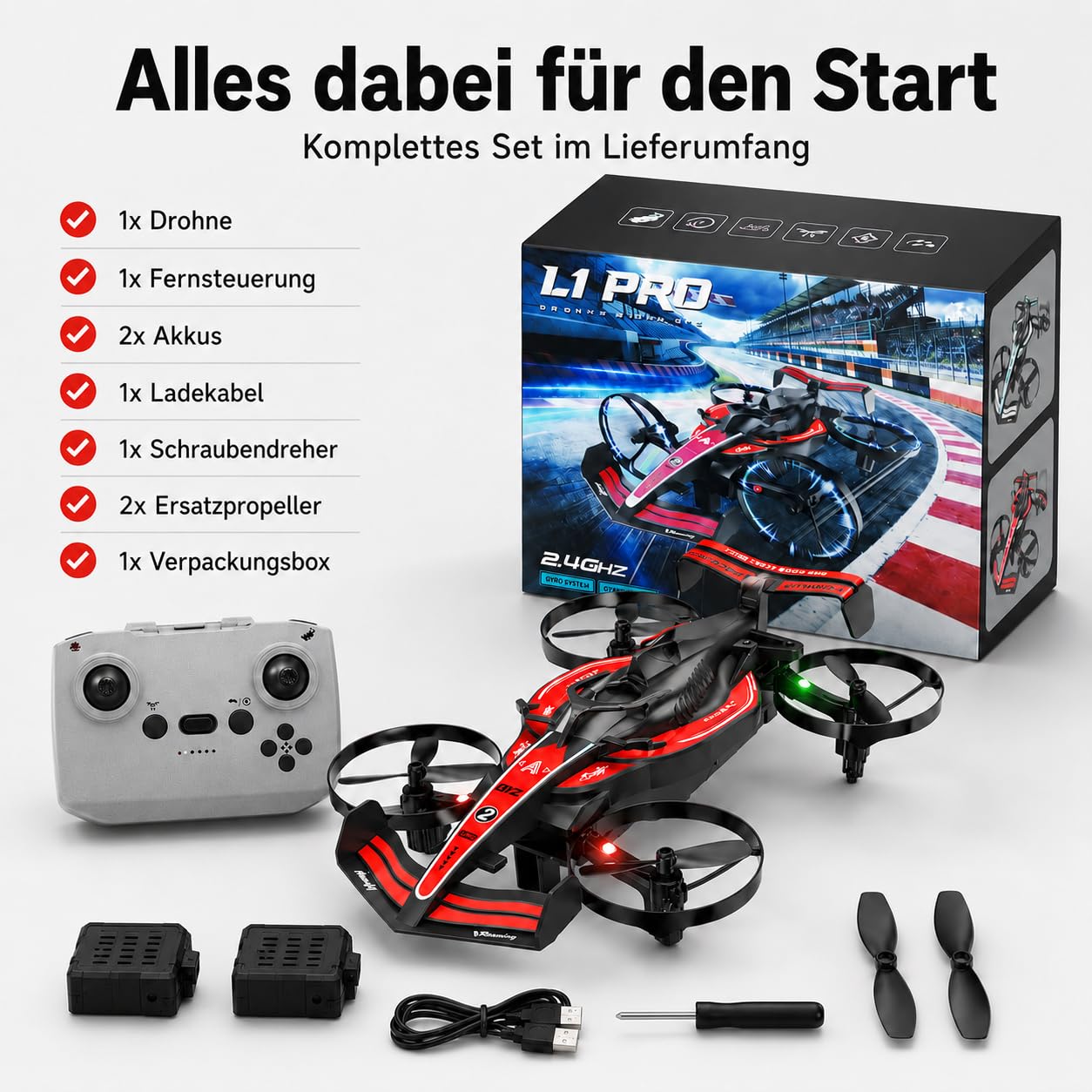 RC Flugauto 2 in 1, Fliegendes Auto mit Fernsteuerung, RC Drone Auto mit LED Beleuchtung, Drift Car & Quadrocopter, 2,4 GHz, Headless Mode, EIN-Tasten-Start, 2 Akkus, Kinder (Rot)