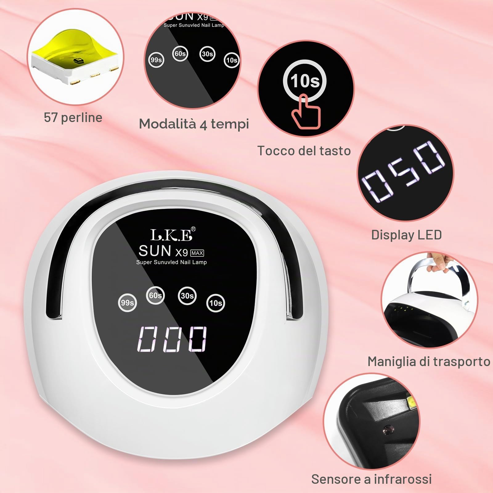 Lampada UV per unghie in gel, 220 W, professionale, veloce, lampada UV con 4 timer, touchscreen, sensore automatico, impugnatura portatile, lampada LED per unghie