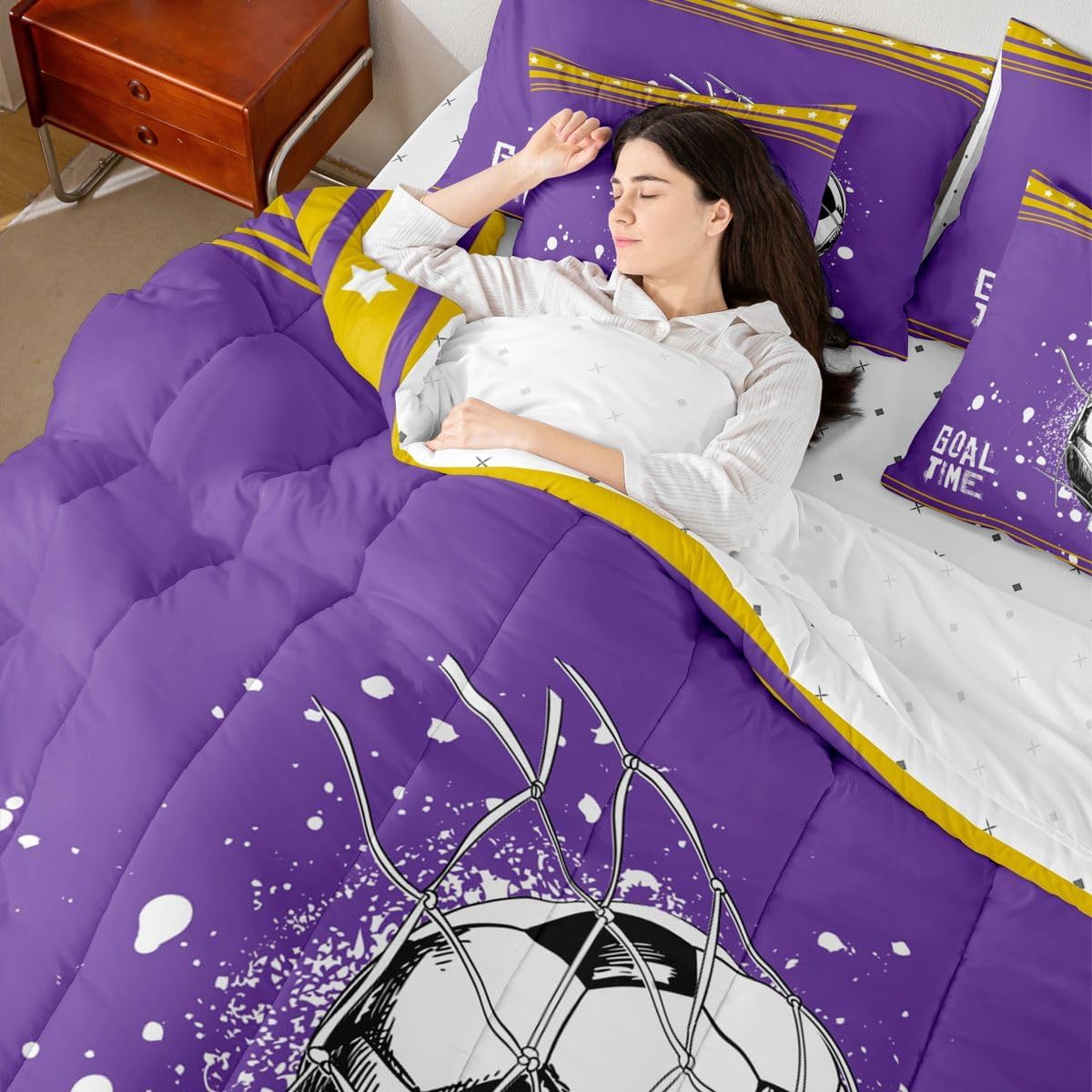 Erosebridal Teens Football Decor 7 Piece Bedding Set Soccer Goal Bed in A Bag Twin Ball Sports Games Comforter Set with Sheets Boys Geometric Stars Striped Bedding Comforter Sets, Purple Yellow