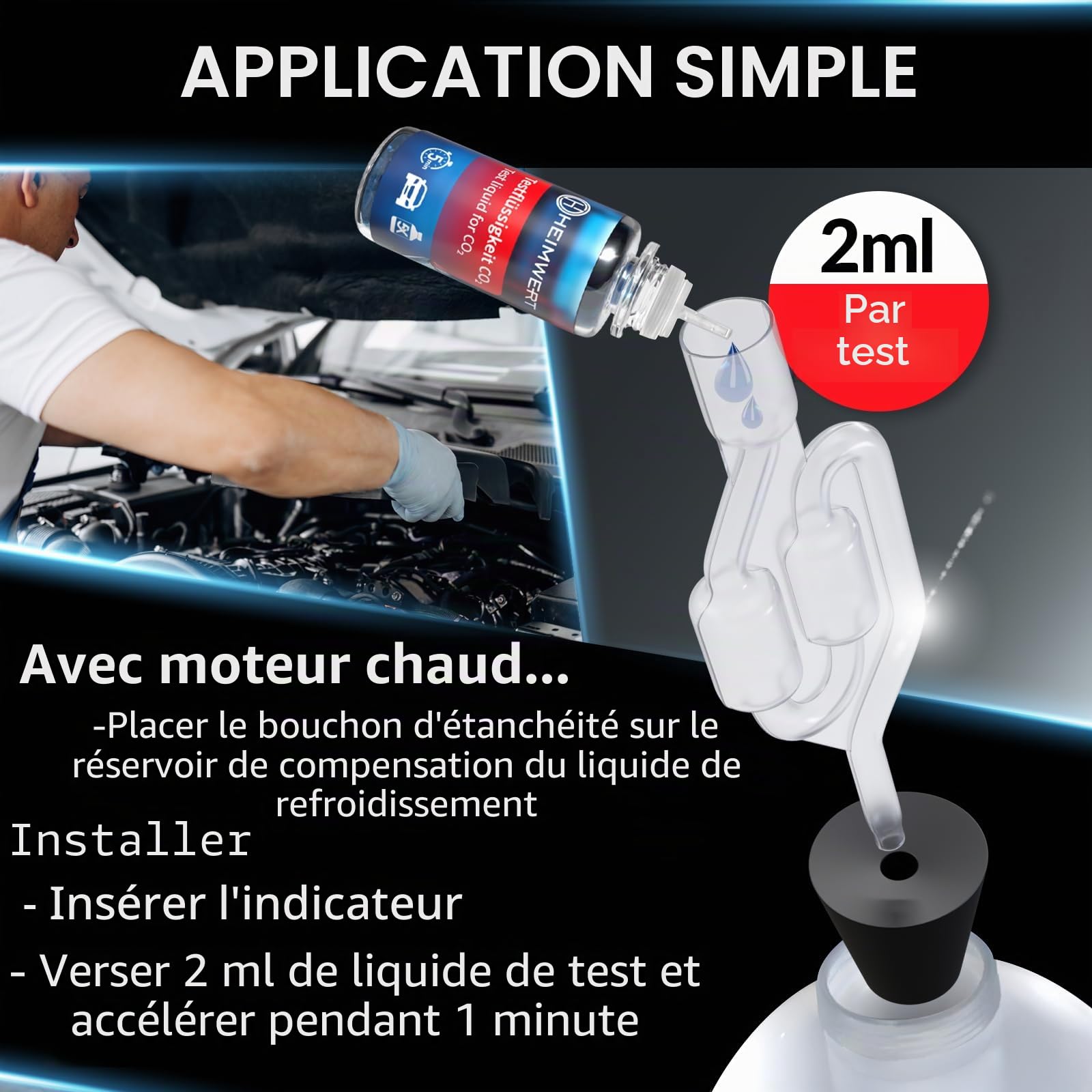 Heimwert Testeur de Joint de Culasse Sans Vis, Test de Fuite de Liquide de Refroidissement Extrêmement Bon Marché et Fiable par Changement de Couleur, Testeur de CO2, Eau de Refroidissement et Culasse