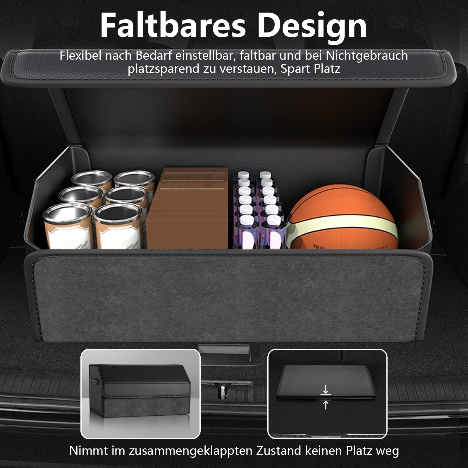 Polegas Auto Kofferraum Organizer, Faltbare Leder Kofferraumtasche, Größe Aufbewahrungsbox Auto mit Deckel, Car Organizer Kofferraum Box, Schwarz