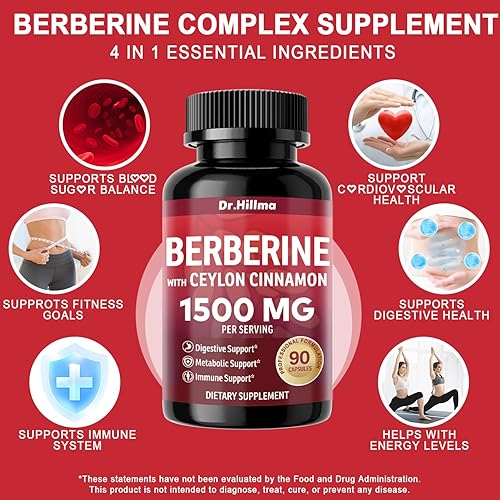 Miniatura 3 de Suplemento de berberina de 1500 mg, alta biodisponibilidad Berberina HCL con canela de Ceilán, apoya el bienestar metabólico y general, sin gluten,