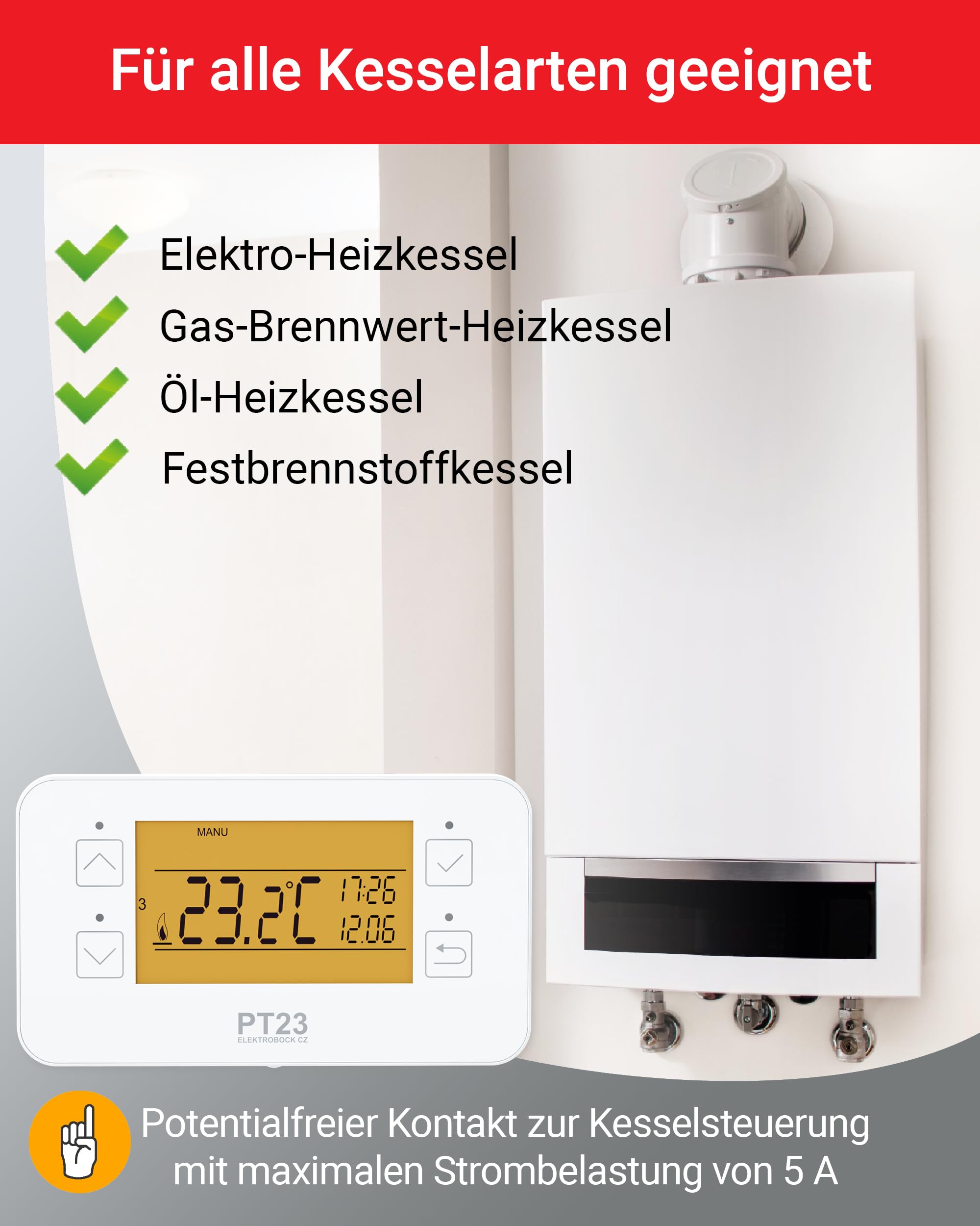 ELEKTROBOCK PT23 - Programmierbares Wandthermostat mit Touch-Tasten - 𝑳𝓐𝑵𝐆𝑳𝜠𝓑𝑰𝐆 - Großes beleuchtetes LCD Display - Wochenprogramm - Batteriebetrieben - Für alle Kesselarten geeignet