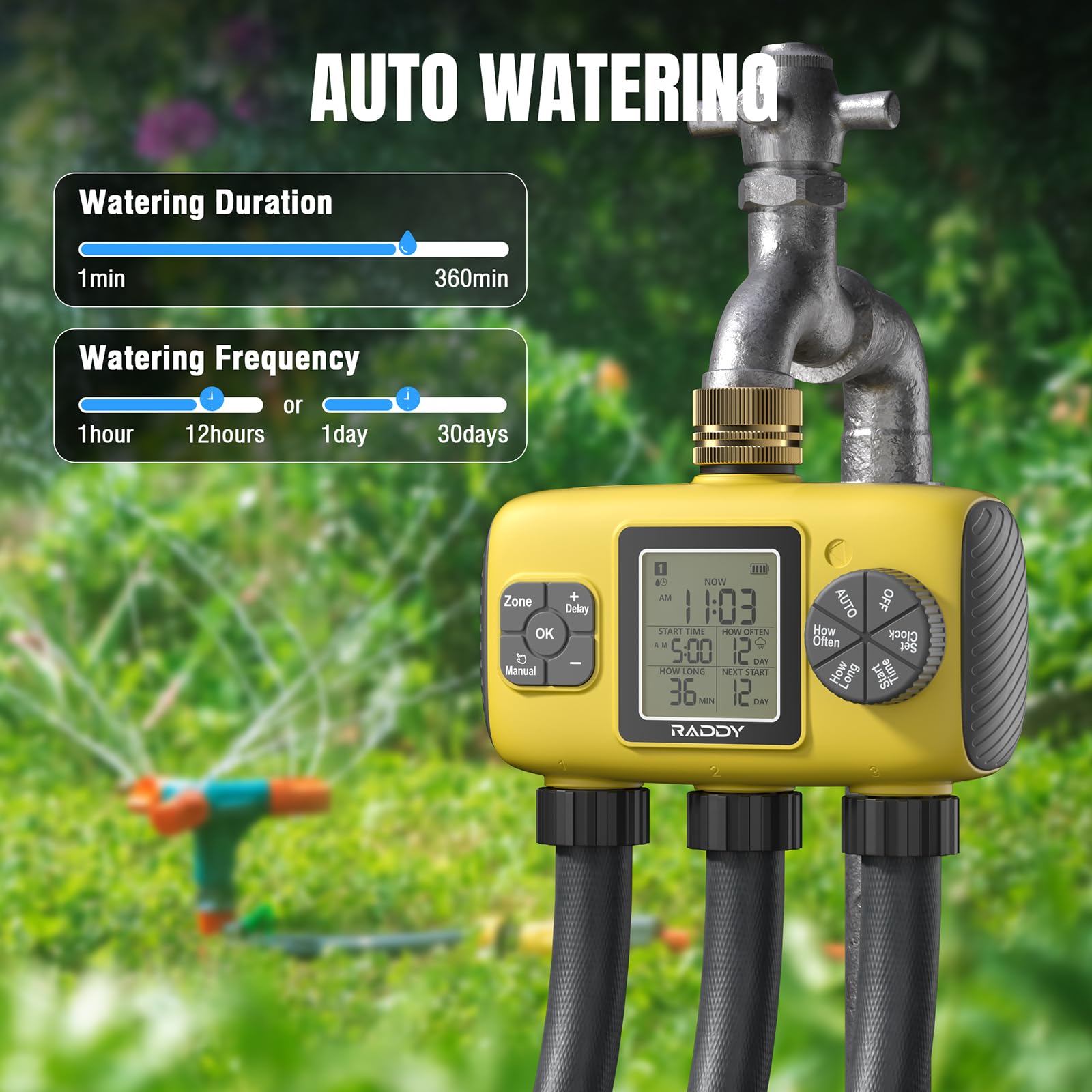 Raddy WS-8 Sprinkler Timer 3 Zone, Smart Water Time automatyczny zegar nawadniania z ręcznym podlewaniem, opóźnienie deszczu, duży wyświetlacz LCD, wodoodporność IPX5 do ogrodów, żółty