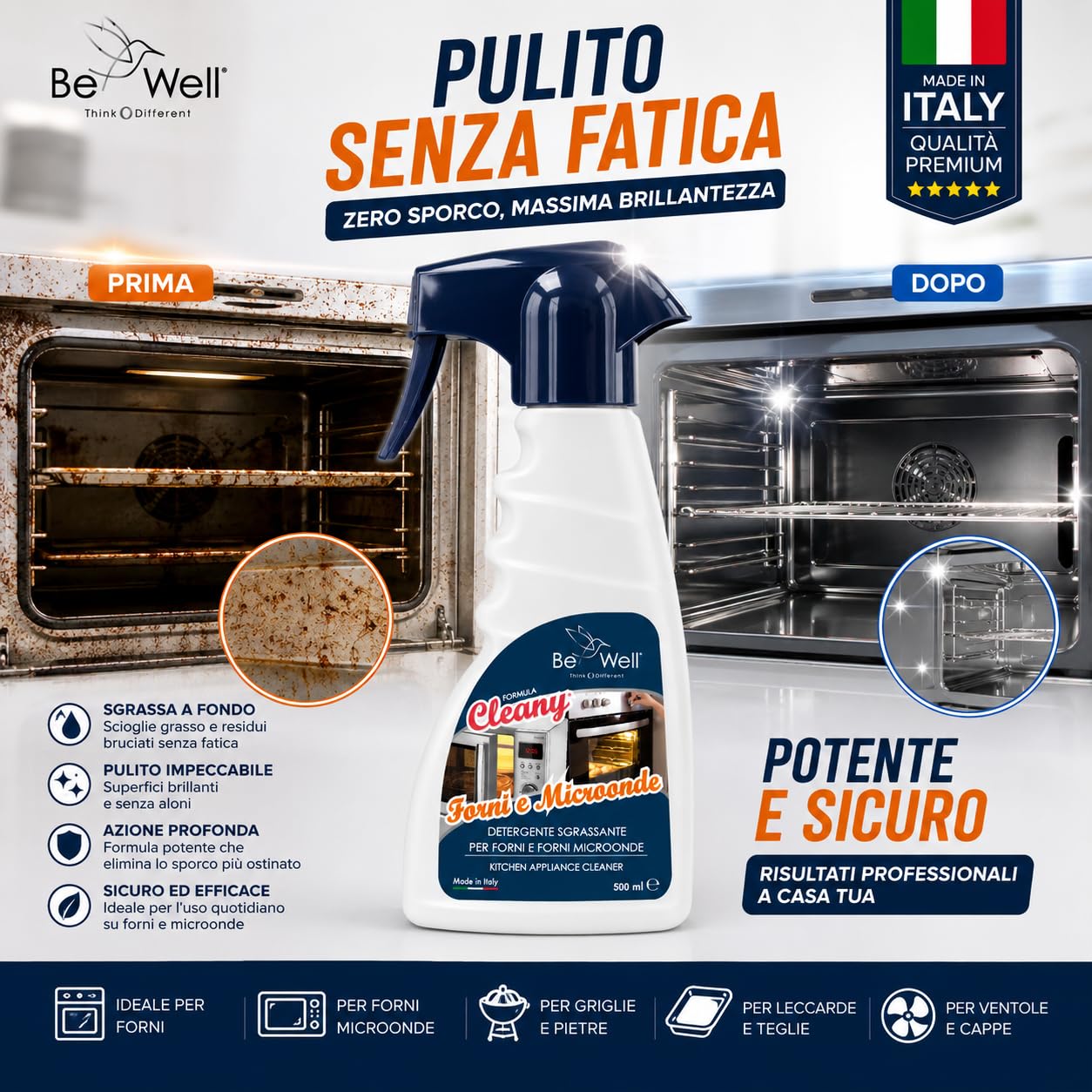 CLEANY Detergente Sgrassante Spray per Forni e Microonde, Formula Professionale, 500 ml, Made in Italy