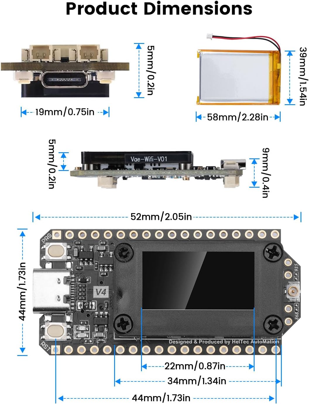 LoRa32 V4 ESP32 Development Board with OLED Display, GPS Module, SX1262 27dBm Chip, 915 MHz Antenna + Adapter & 3000 mAh Battery, Compatible with Arduino IDE for IoT, Meshtastic & LoRaWAN Projects