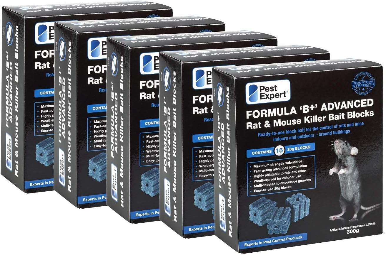 Pest Expert Formula B+ Advanced Rat Bait & Mouse Killer Poison Bait Blocks (1.5kg) Max Strength Brodifacoum Single Feed 5 x 300g