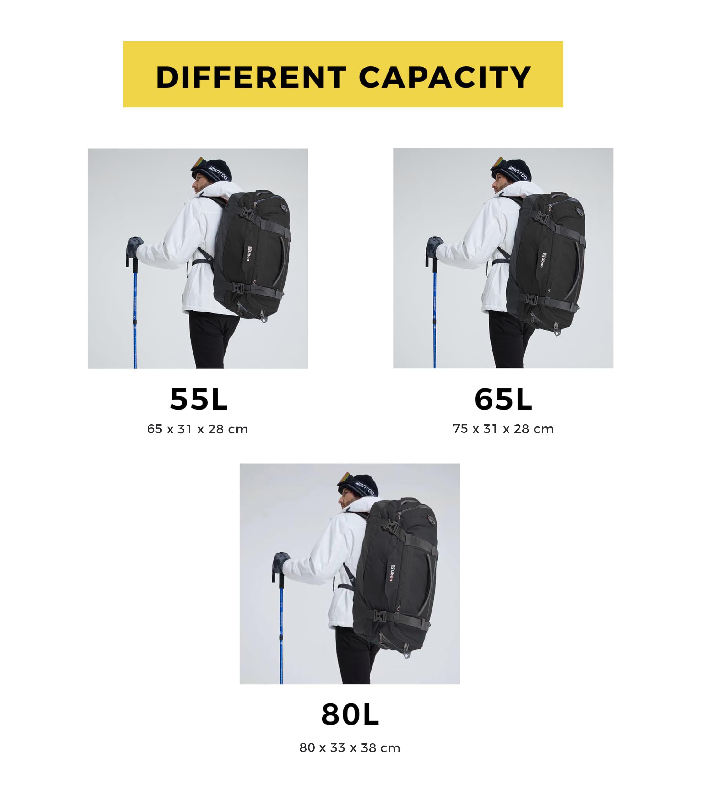 Ubon Borsone da Viaggio Grande Capacità Zaino con Spazio Vano Biancheria Ventilato Scomparto Scarpe Tasche Multiple Tote Borsa Sportiva Palestra Campeggio Spiaggia Unisex Nero 80L