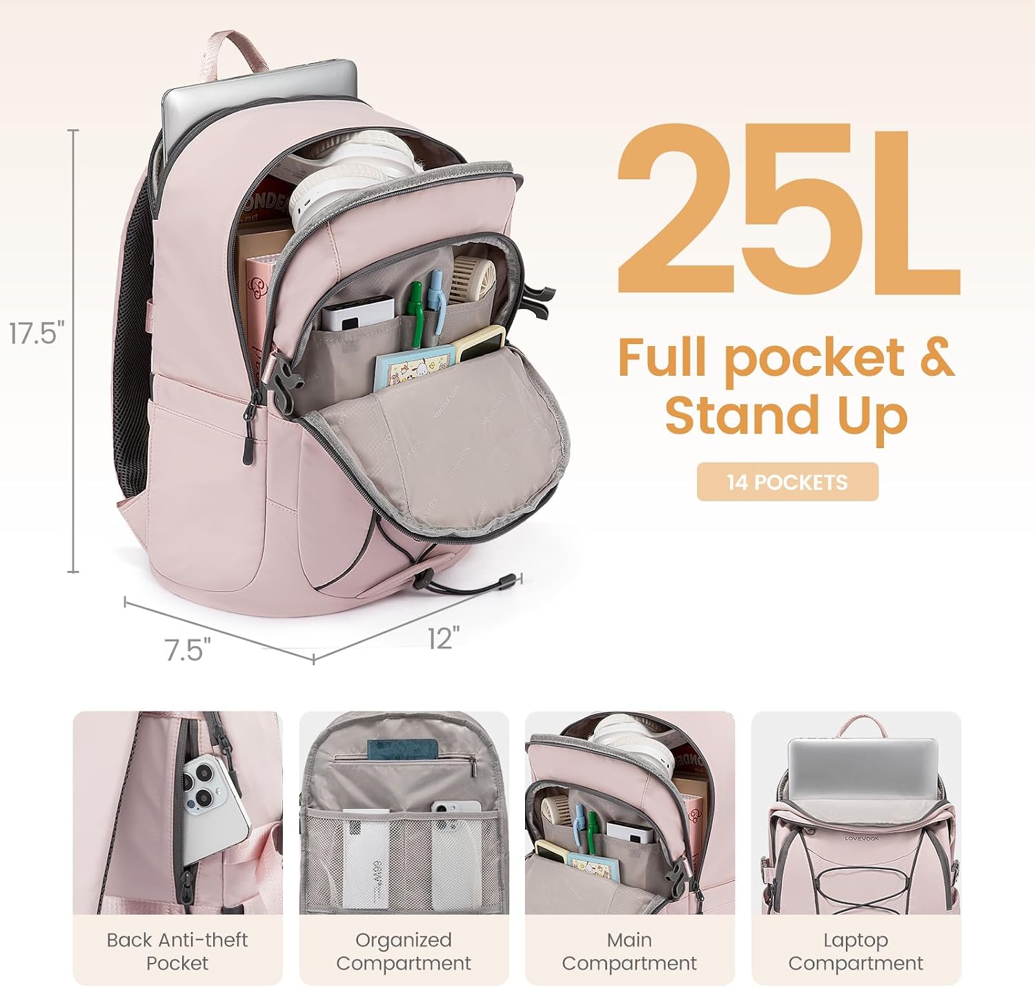 LOVEVOOK Mens Backpack with Giant Tumbler Holder Pocket,15.6 Inch Everyday Laptop Backpack Commuter Travel Work Computer Bag for Women,Waterproof Hiking College Teacher Back Pack Casual Daypack,Khaki image 3