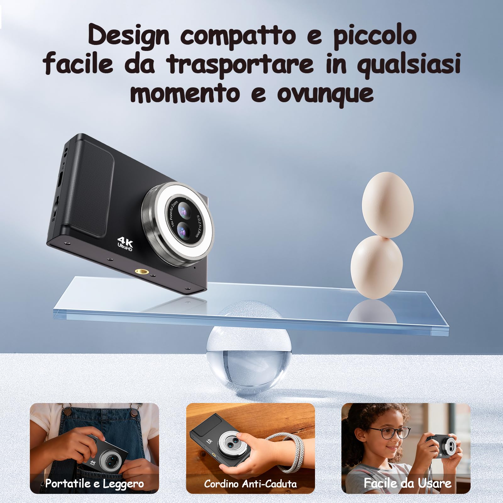 Macchina Fotografica, Digitale Compatta 16X, 4K Fotocamera Digitale con Scheda TF da 32GB, Perfetta per Fotografi Principianti, Appassionati e Adolescenti, Compleanni-Nero