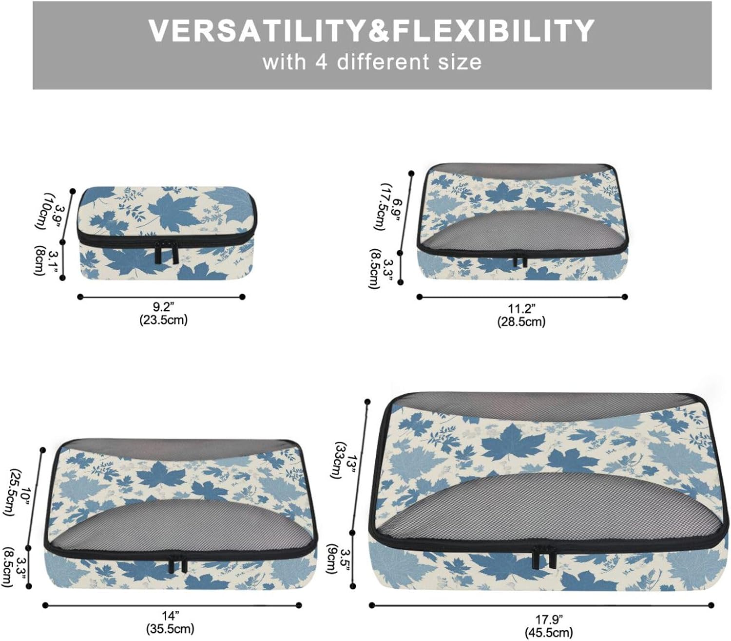 Blue Elegant Romantic Maple Leaf 4 Pcs set travel organizer bags Mesh Travel Essentials expandable packing cubes for carry