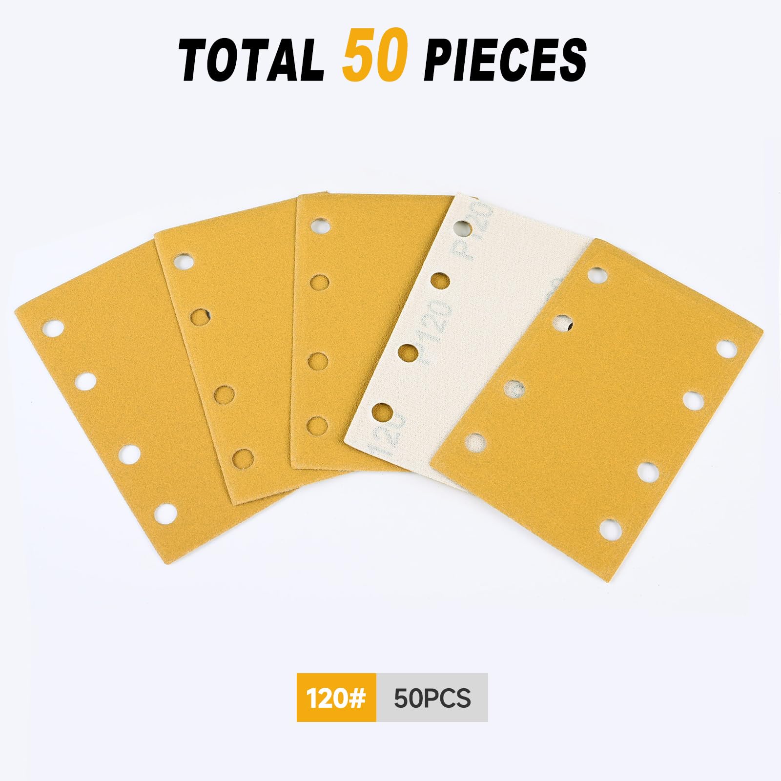 Papel de Lija 80x133mm 8 Agujeros, 50 Hojas de Lija P120, Almohadillas de Lijado Más Fuertes para Lijadora Orbital en Madera, Metal, Barniz, Plástico