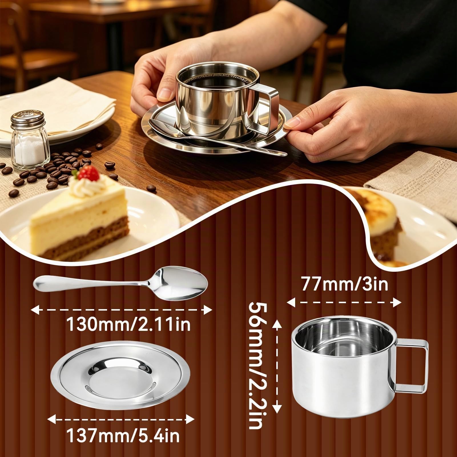 4 Pack Edelstahl Kaffeetasse Set, doppelte Kaffeetassen Tee Tasse Espresso -Tassen mit Löffel und Untertasse für Cappuccino Latte Milk Tea Küchenbedarf