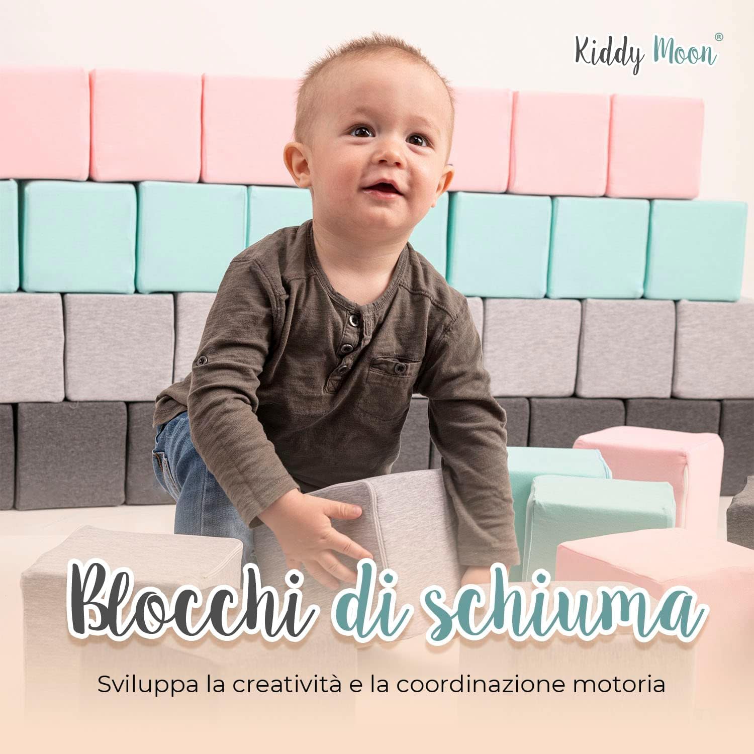 KiddyMoon Cubi Morbidi Schiuma 14 Cm, Blocchi Bambini, Fodera Velluto Zip Lavabile, Sensoriali, 12 Pezzi, Cubi: Laguna Turchese/Blu Ghiaccio/Grigio Dei Monti
