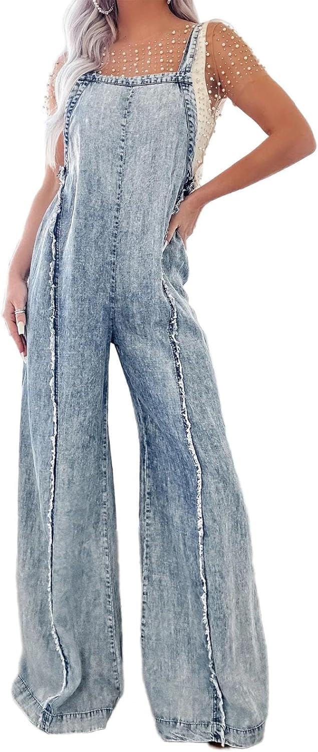 xzbailisha Womens Loose Fit Denim Jumpsuit Adjustable Straps Wide Leg Long Pants Frayed Jean Overalls