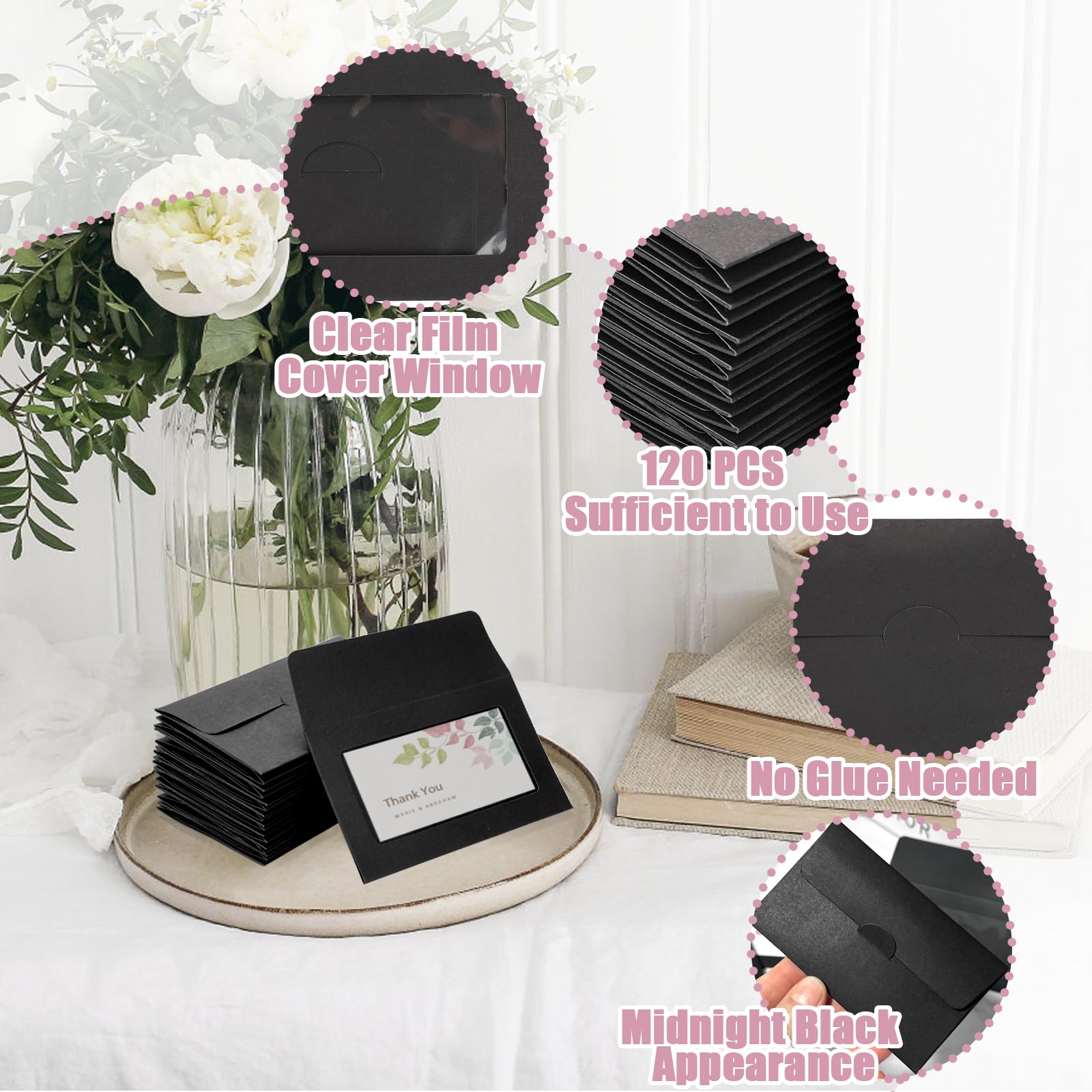 120 Packs Gift Card Envelopes Sleeves Credit Card Size with Window Greeting Card Mailing Envelopes Business Small Envelopes Pockets for Party Festivals (Black, 3.9 x 2.4 Inch)
