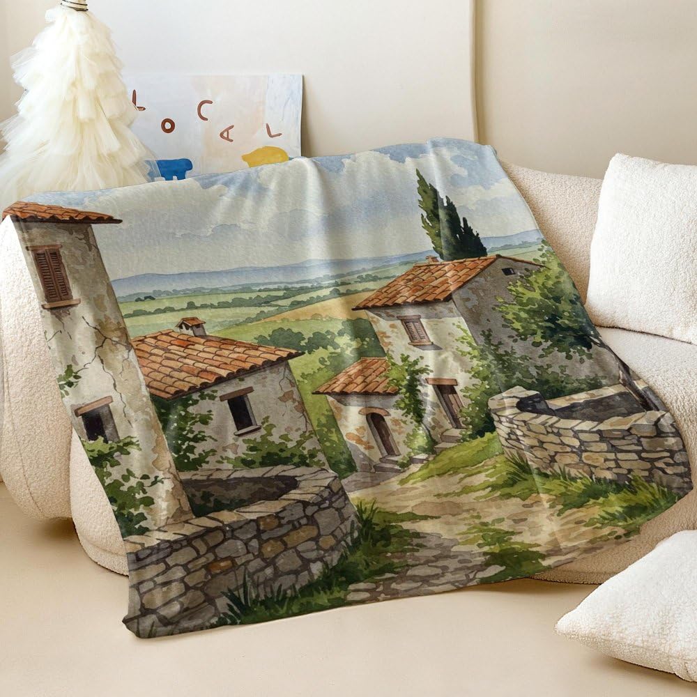 Couverture en flanelle imprimée village italien plaid doux confortable