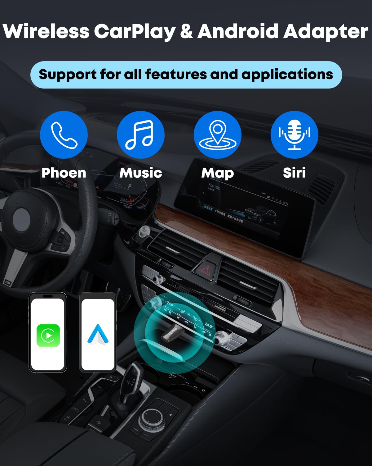 Wireless CarPlay & Android Auto Adapter - Fast & Stable Connection, Plug & Play, Universal Fit for iOS 10+/Android 11+, Transform Your Wired System to Wireless with Type-C/USB-A for 800+ Cars (2016+)
