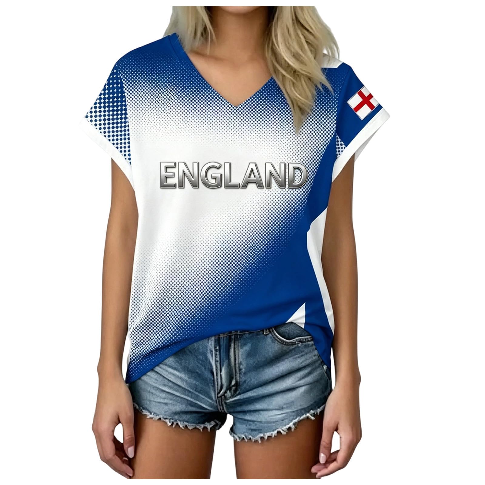Womens England Football Shirt 2026 World Cup Shirts Clear Printed Lightweight Scotland Football Tops Women V Neck Breathable Short Sleeve Comfortable Training Top Stretch Loose Summer Ladies (Blue, M)