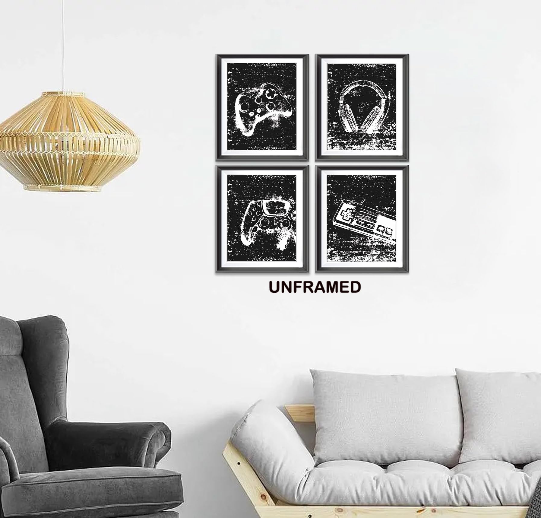 Juego de 4 pósteres de videojuegos retro sin marco para decoración del hogar, habitación de niños, sala de juegos, decoración de videojuegos en blanco y negro, arte de pared, regalo para niños gamers