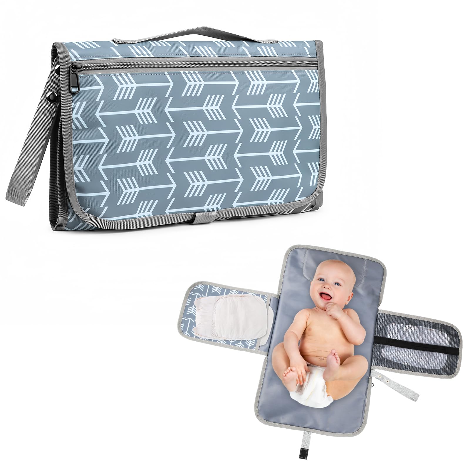 Nivofu Cambiador Bebe Portatil Plegable e Impermeable, Bolso Cambiador Bebe de Algodon Lavable con Bolsillos, Accesorios Recien Nacido 0-1 Año, Regalo Recien Nacido, 60x43cm, Gris a Rayas