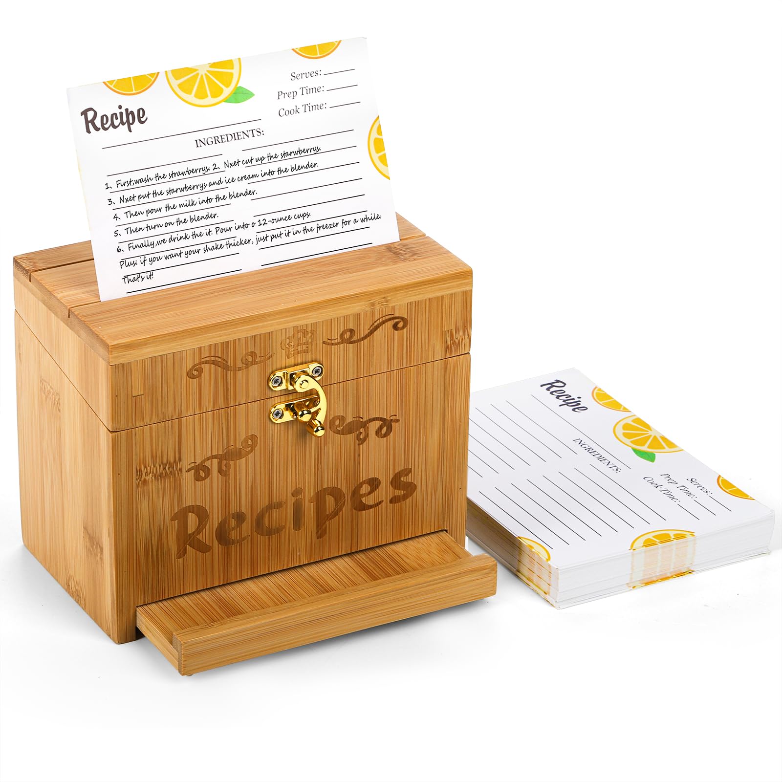 Youeon Bamboo Recipe Box with Cards and Pull out Phone Holder, 7 x 4.2 x 5.8 in Kitchen Recipe Card Organizer with 100 Recipe Cards 4"x6", Rustic Recipe Holder, Kitchen Gift