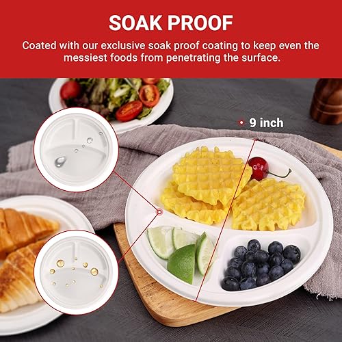 Miniatura 2 de Paquete de 125 platos de papel con compartimentos de 9 pulgadas, 100% compostables, desechables, con divisores para fiestas y cenas, hechos de