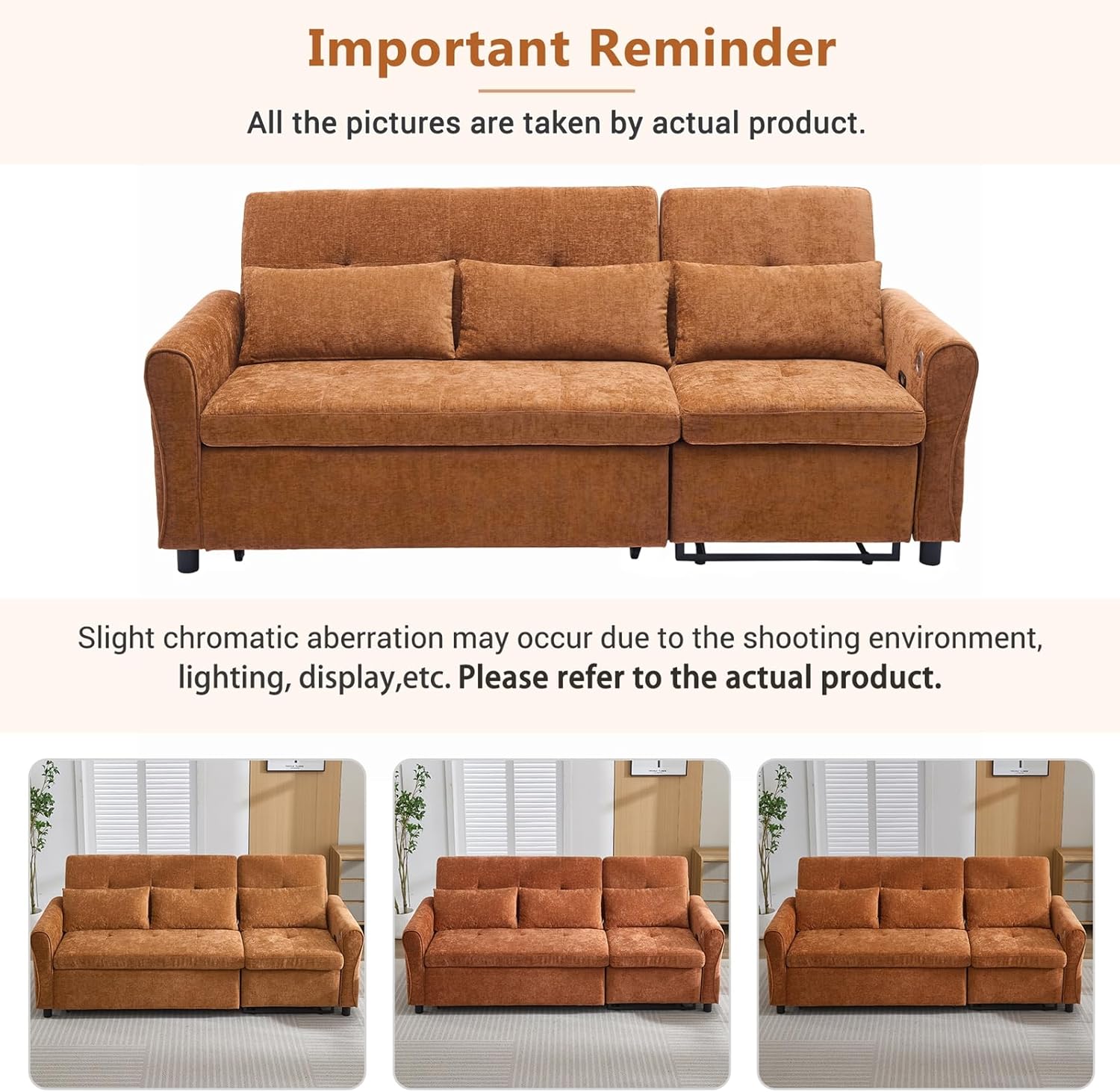 Convertible Sofa Bed, 2 in 1 Sleeper Couch with Pull Out Bed and Reversible Recliner, Comfy Chenille Couch with 3 Pillows & Adjustable Backrest & USB Ports for Living Room, Brown