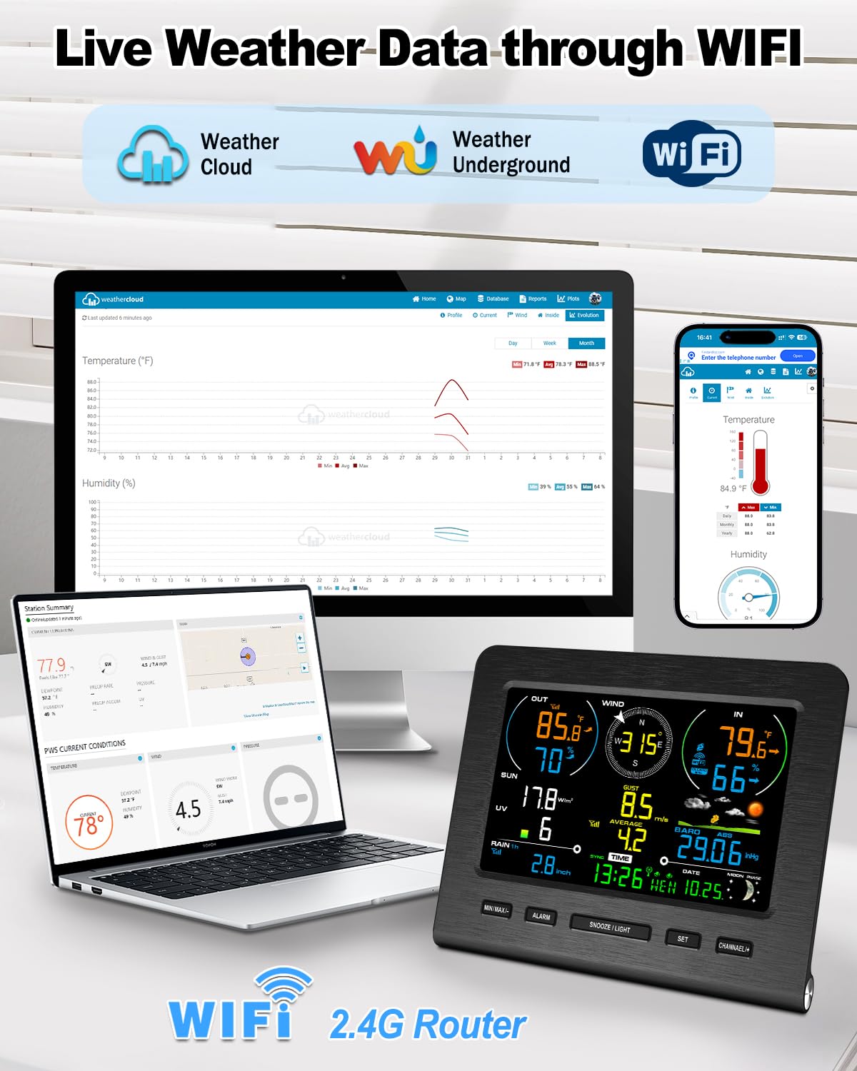 Urageuxy Weather Station, Weather Stations Wireless Indoor Outdoor with 7-in-1 Outdoor Sensor, Smart WiFi Weather Monitor-Rain Gauge, Wind Speed, Temperature, Humidity, UV, Light, Weather Forecast - Image 7